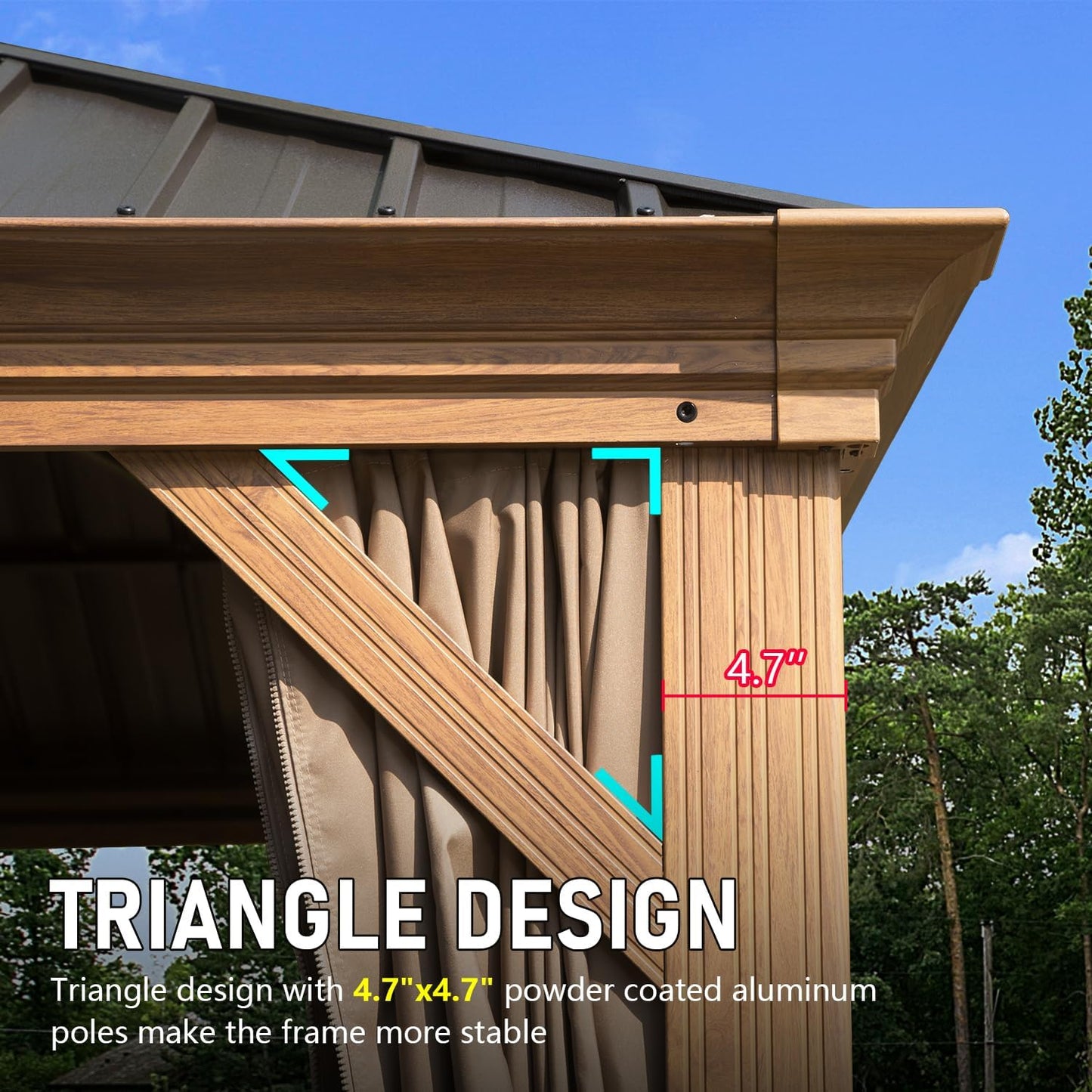 Closeup of woodenstyle aluminum gazebo corner with inch thick support post