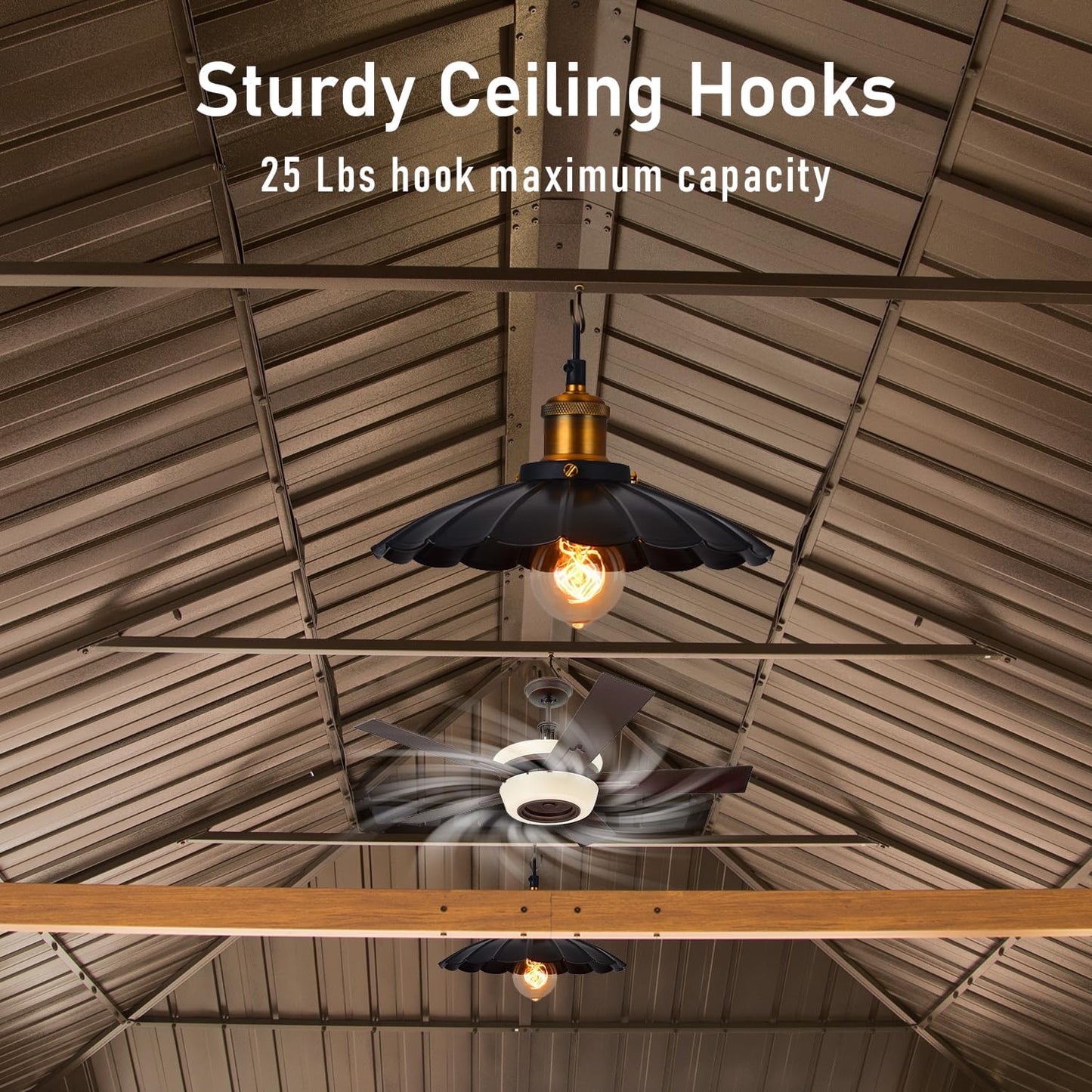 Two sturdy ceiling hooks shown supporting a decorative light fixture and a ceiling fan