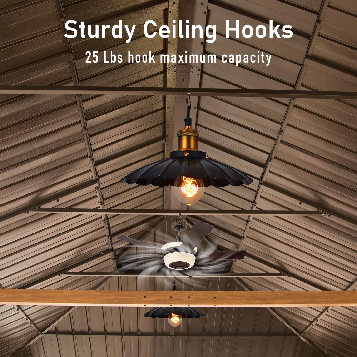 Two sturdy ceiling hooks shown supporting a decorative light fixture and a ceiling fan