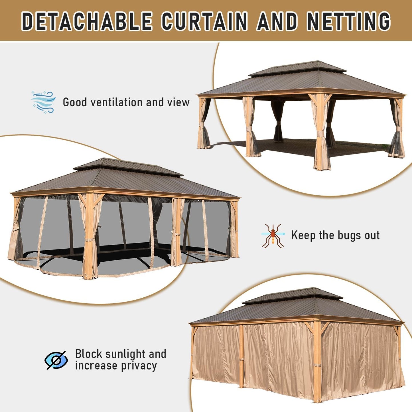 Bronze metal gazebo with beige curtains and mesh netting offering ventilation and bug protection