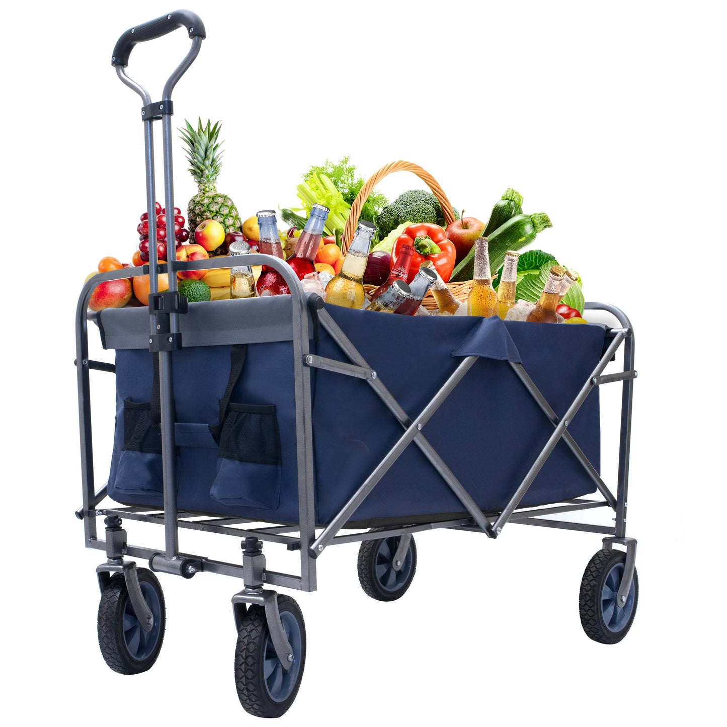 Navy blue collapsible wagon filled with fresh produce ice and bottled drinks for a picnic