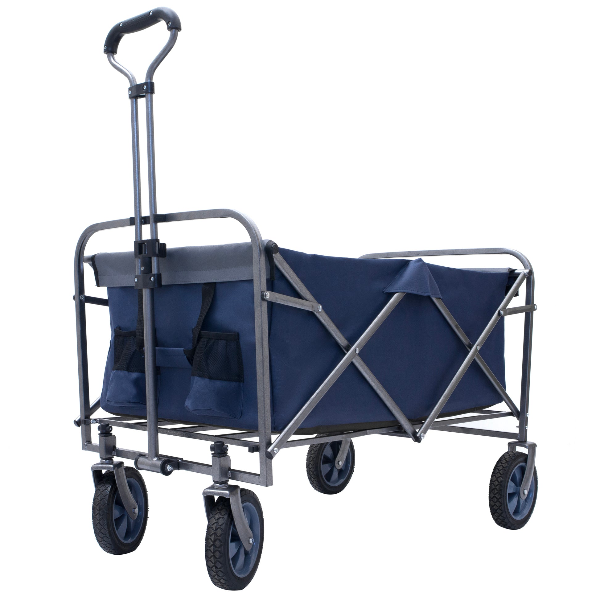 Collapsible navy blue utility wagon with telescoping handle and large wheels