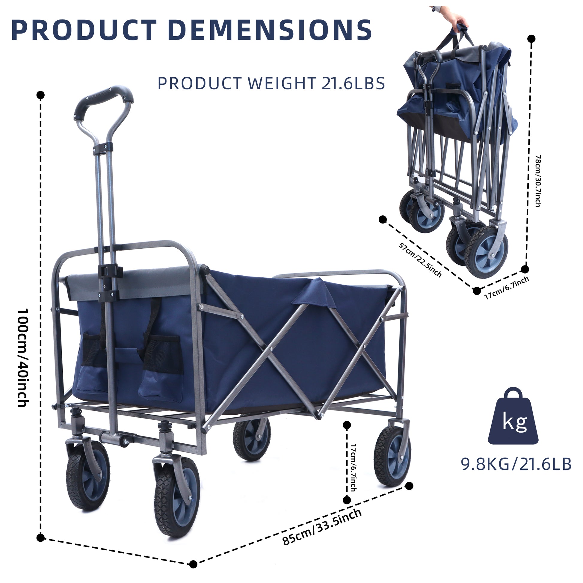 Dark blue collapsible wagon with sturdy metal frame and four wheels ideal for camping trips