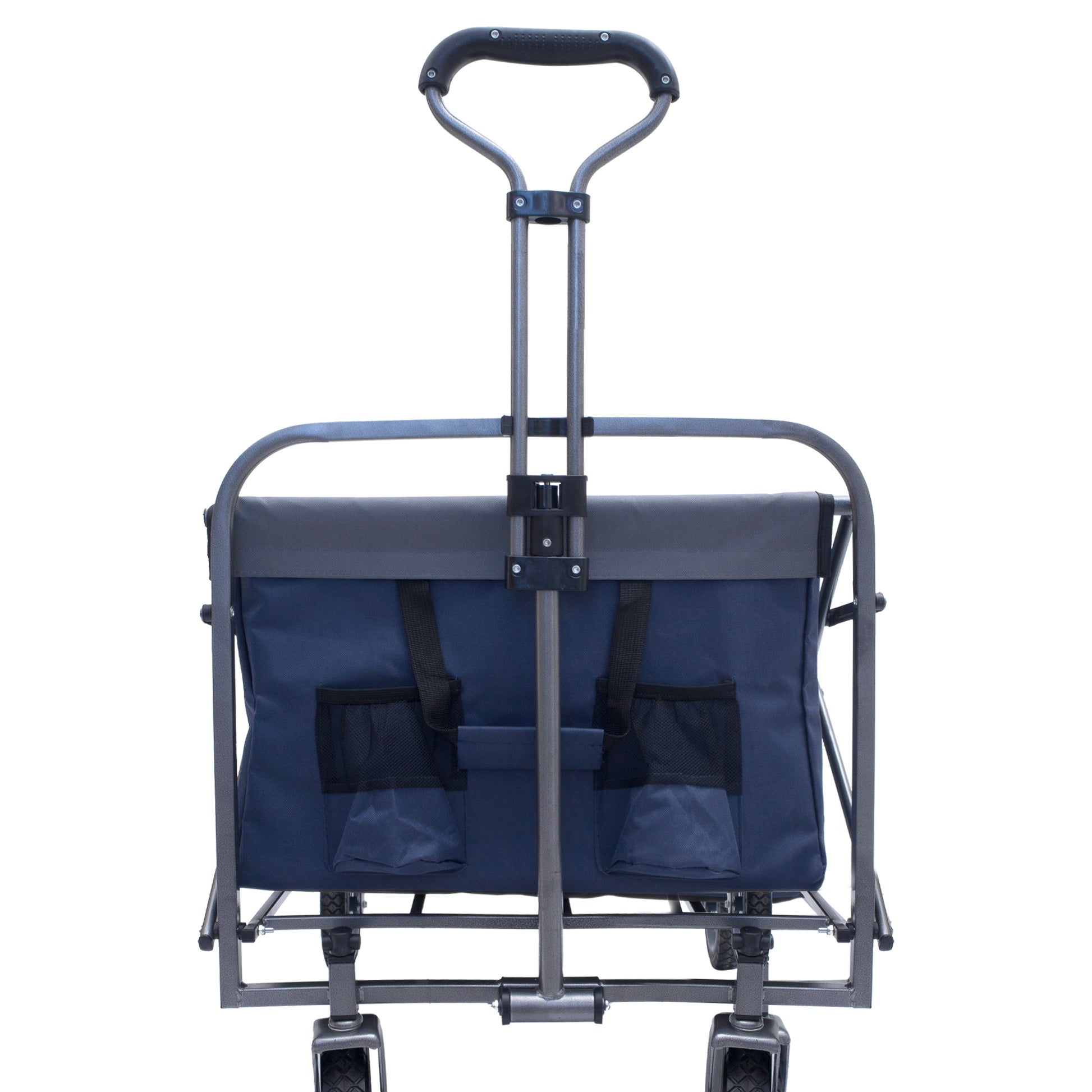 Blue collapsible wagon with a steel frame and comfortable handle for easy transport