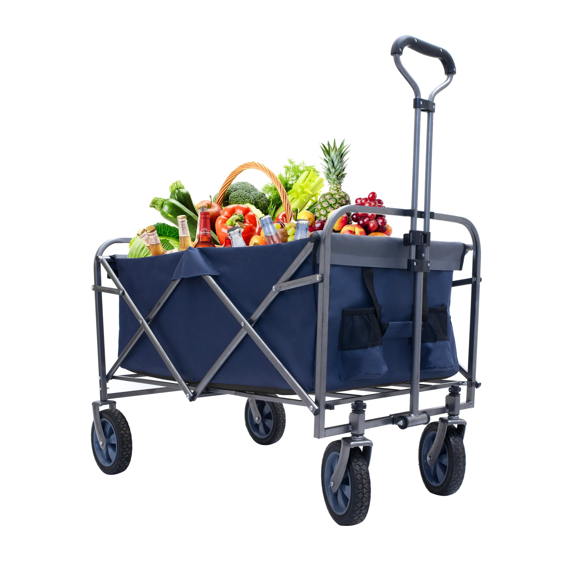 Navy blue folding wagon loaded with fresh produce drinks and a basket for picnics