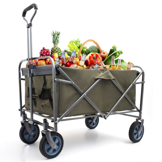 Collapsible folding wagon filled with fresh produce and drinks