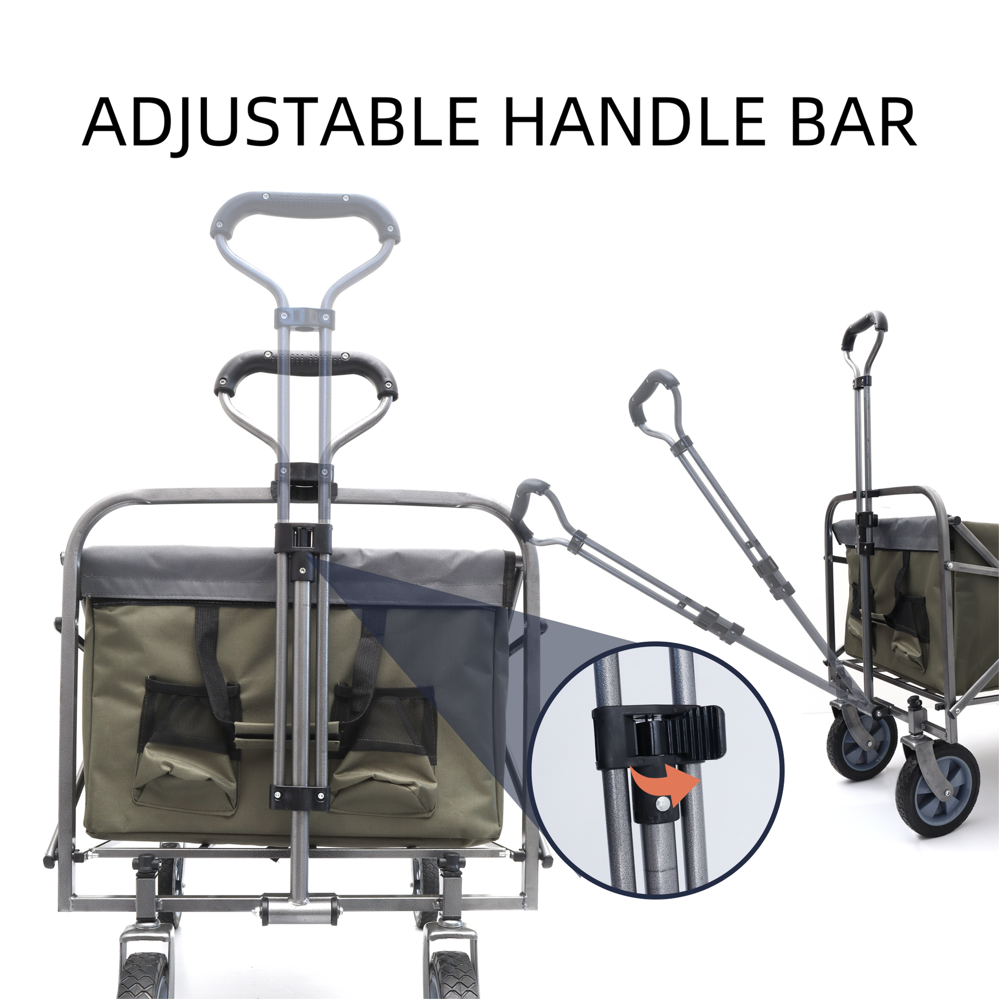Folding garden cart with adjustable handle and olive green fabric