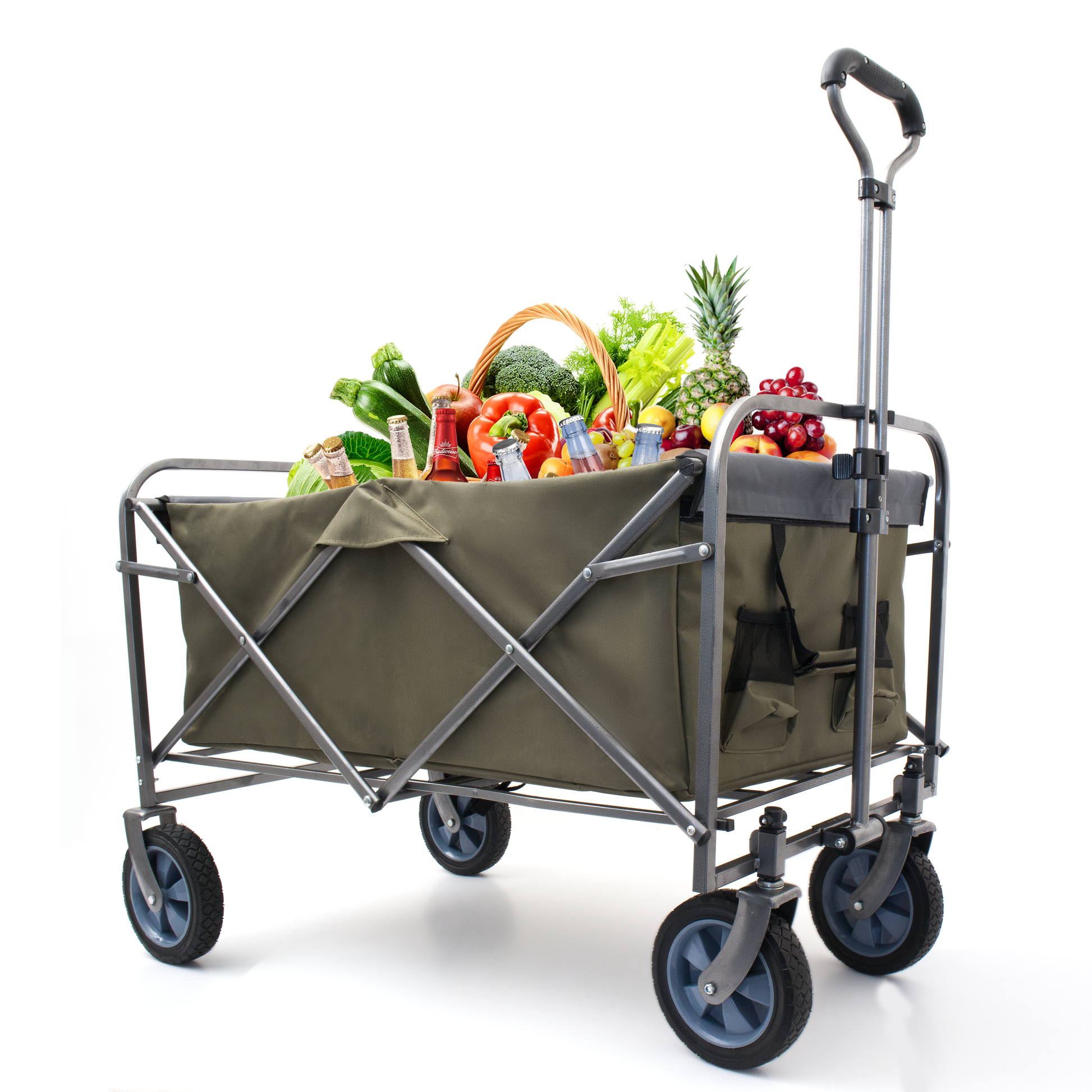 Khaki collapsible wagon filled with fresh produce drinks and groceries