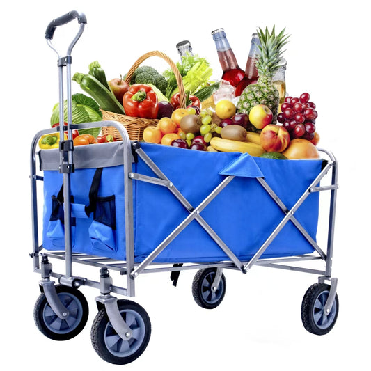 Blue folding utility wagon filled with fresh produce and drinks