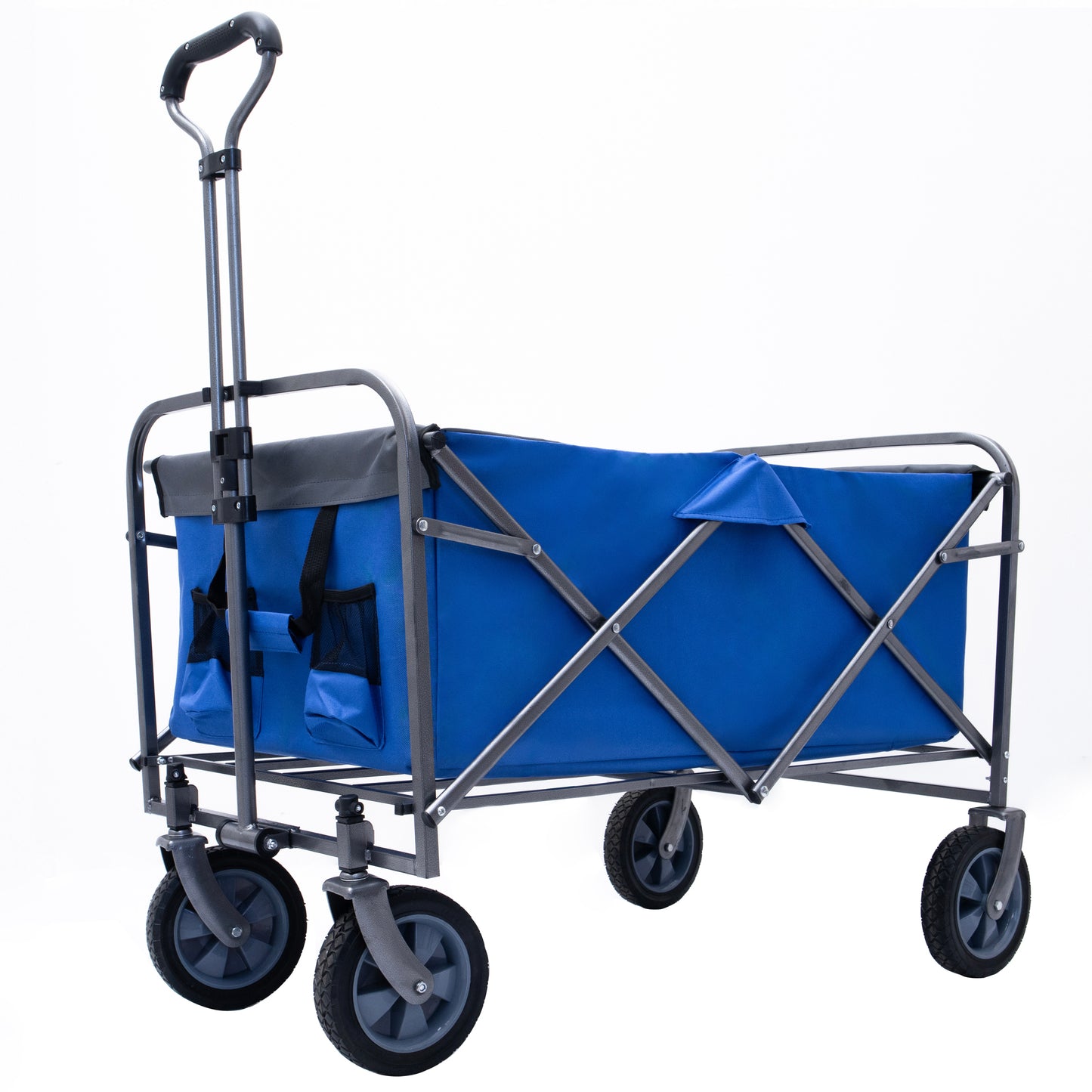 Blue collapsible wagon with gray frame and adjustable handle for outdoor events