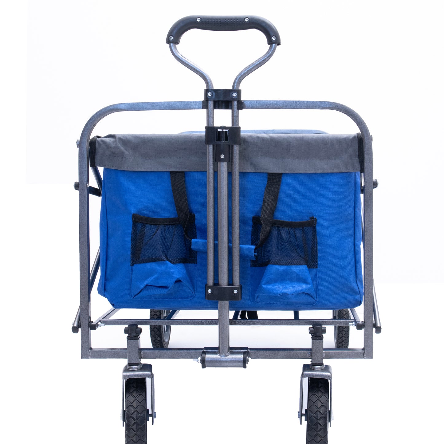 Blue collapsible wagon with sturdy metal frame and easygrip handle for outdoor use