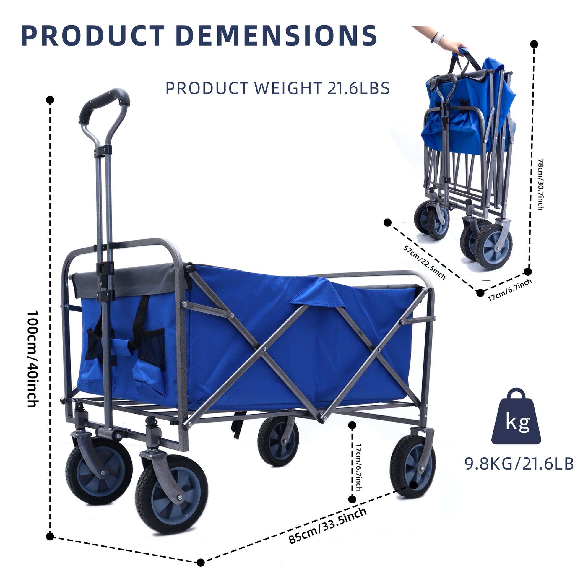 Blue collapsible garden wagon with sturdy metal frame and four wheels ideal for outdoor use