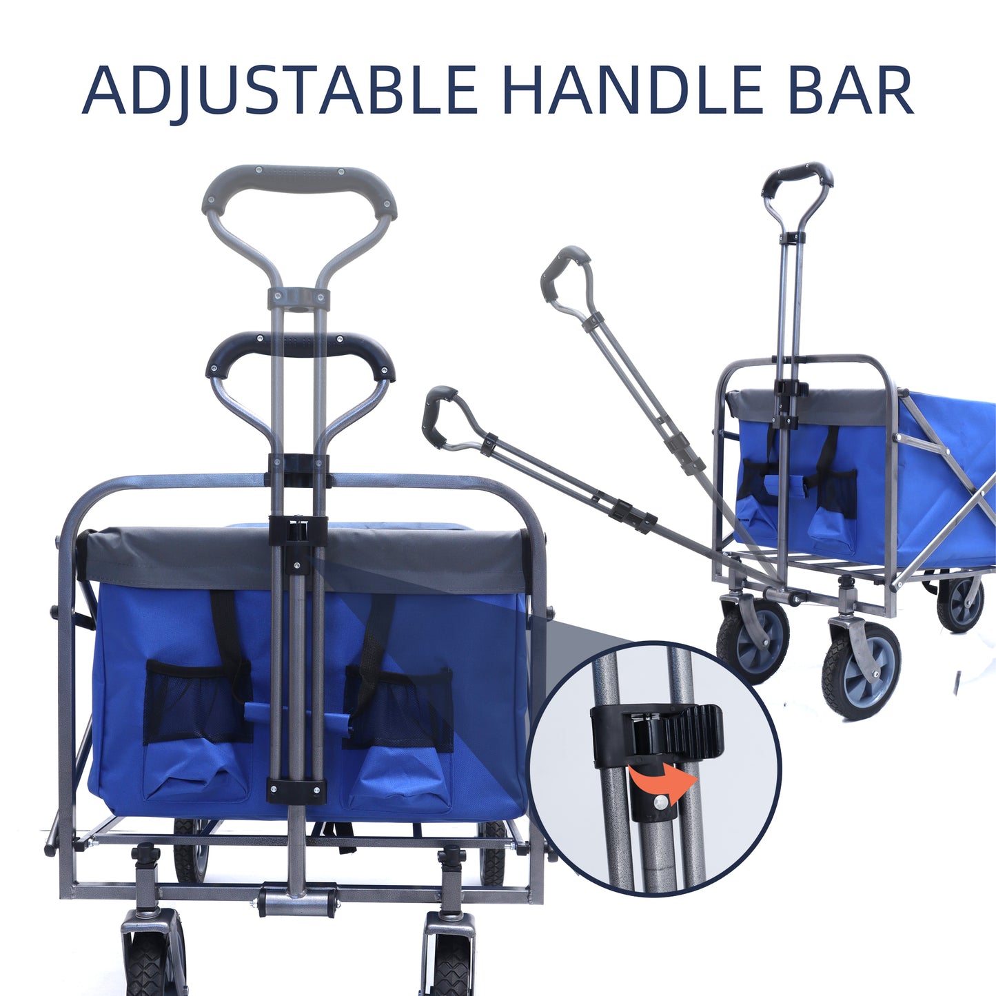 Blue collapsible utility wagon with adjustable handle and sturdy wheels