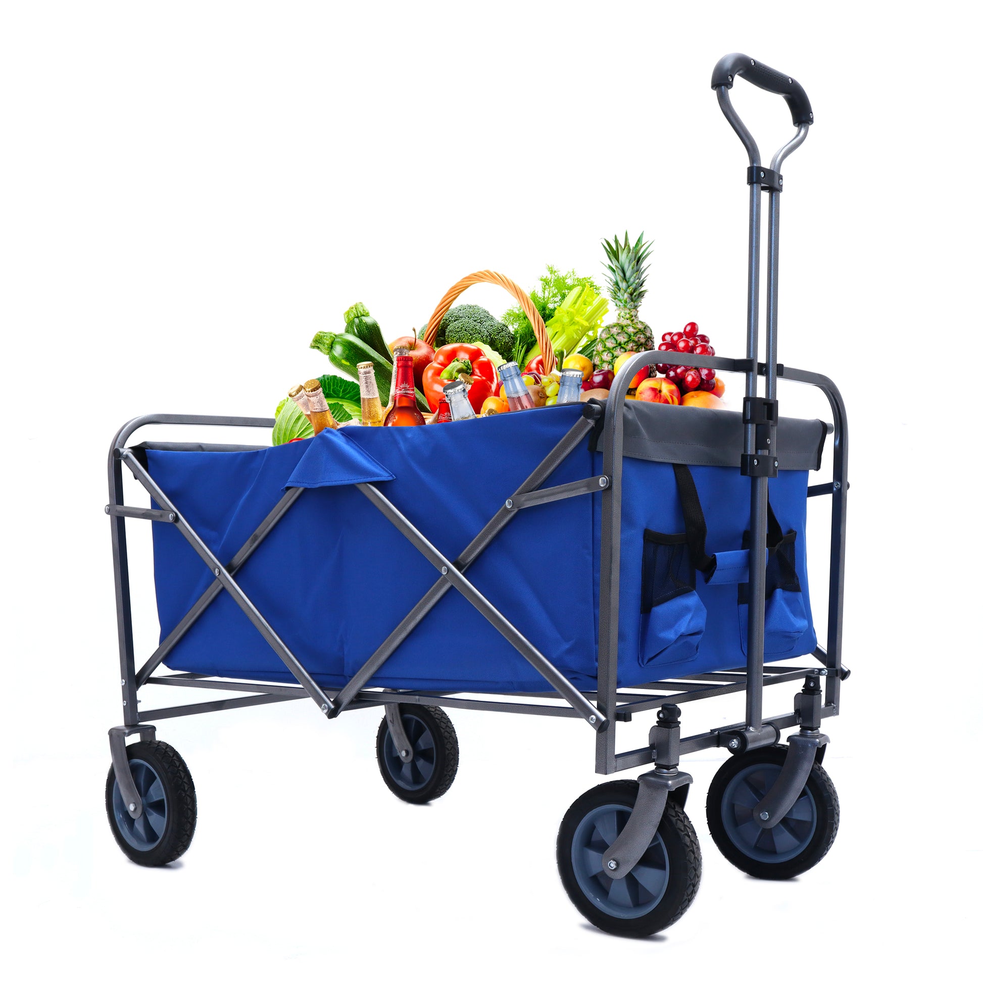 Blue collapsible wagon filled with groceries and beverages