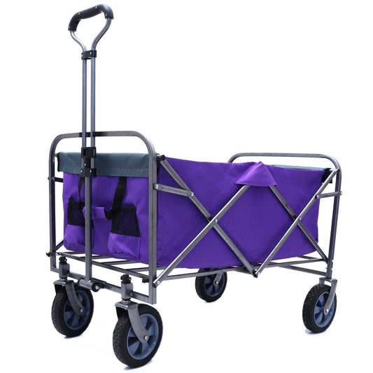 Purple folding wagon with adjustable handle and four wheels for easy transport