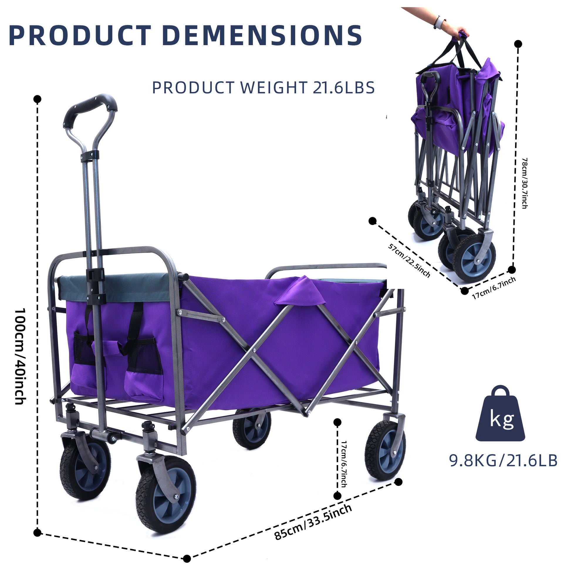 Purple foldable garden wagon with adjustable handle and large wheels for easy transport