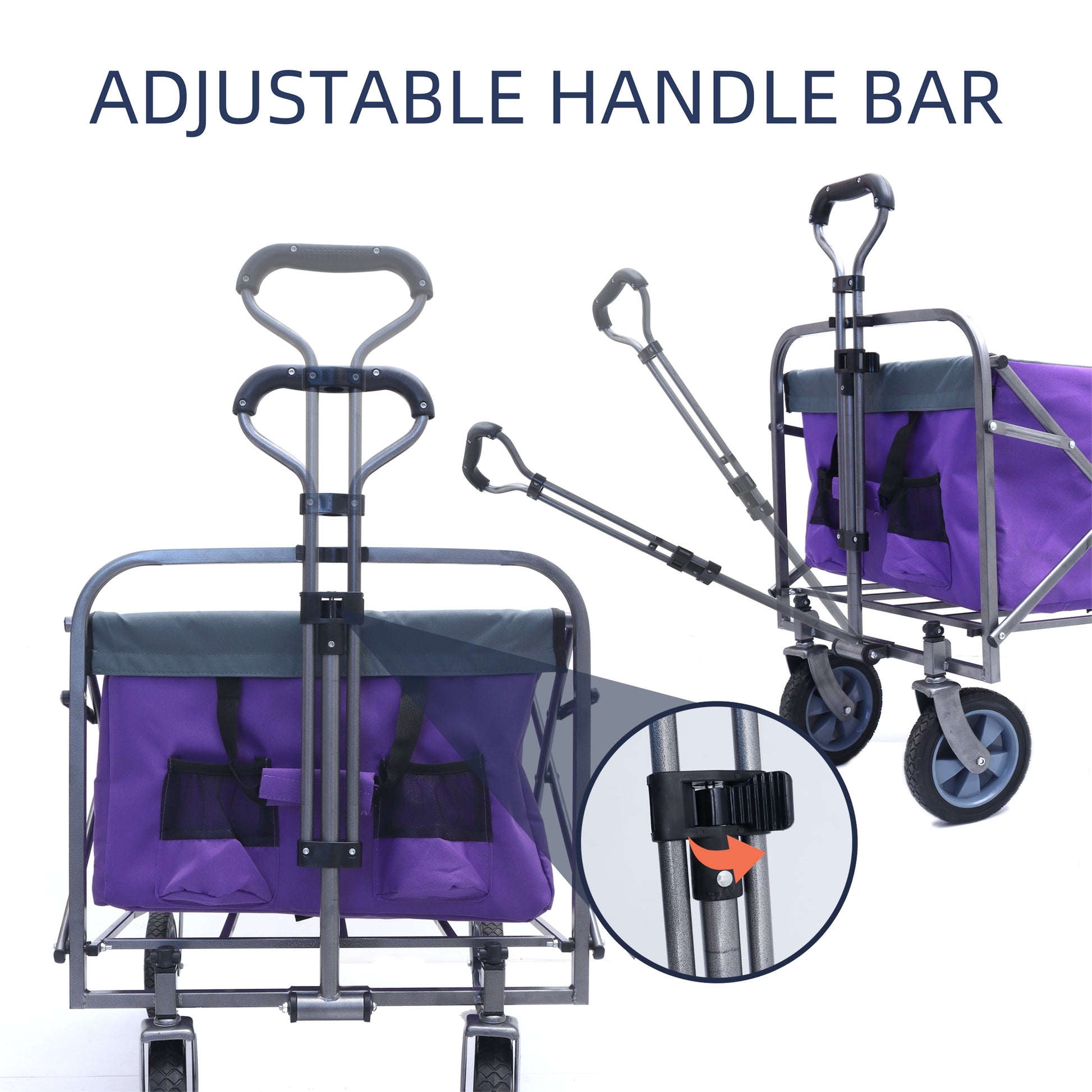 Purple folding wagon with an adjustable telescopic handle for easy transport