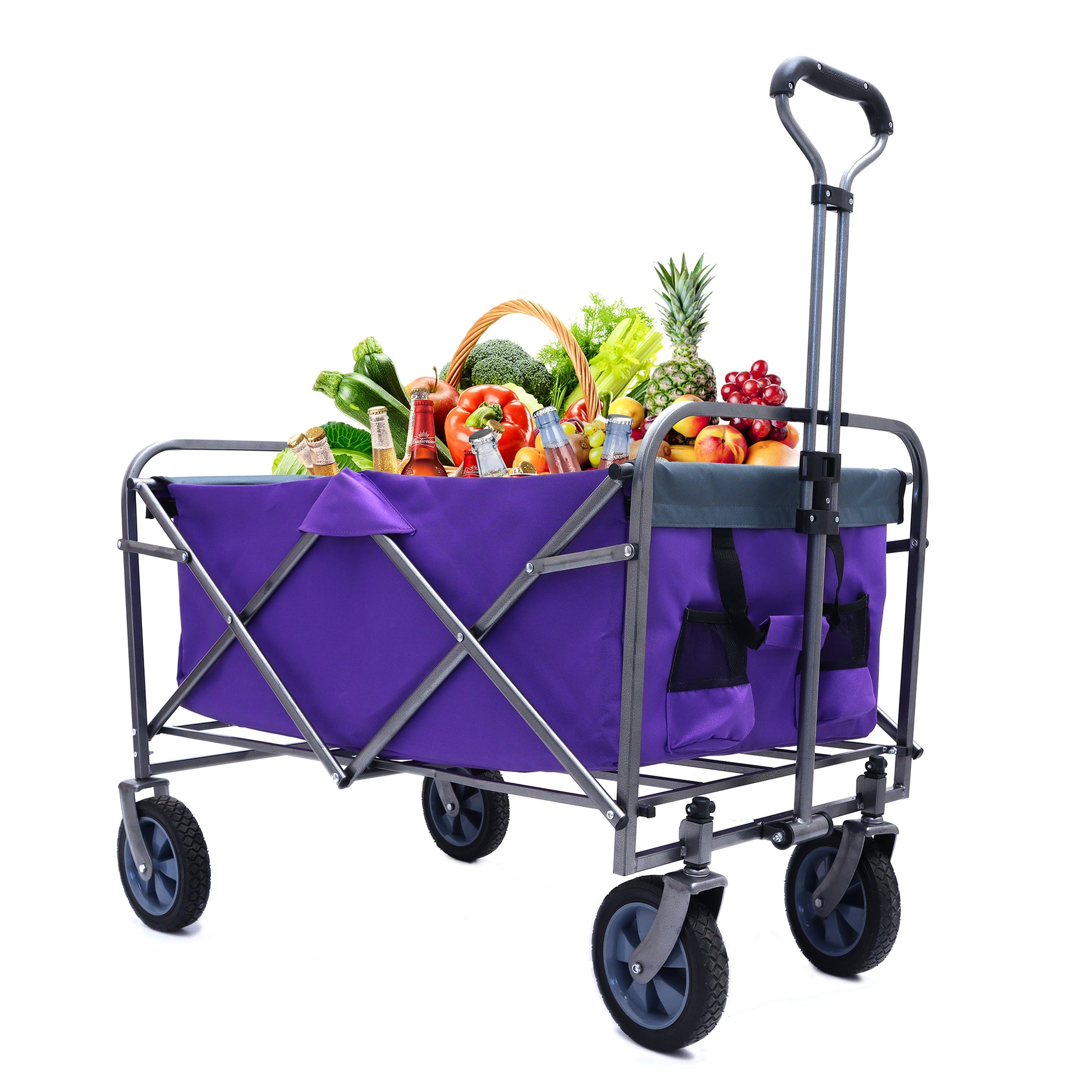 Purple collapsible wagon filled with fresh produce and drinks for a picnic