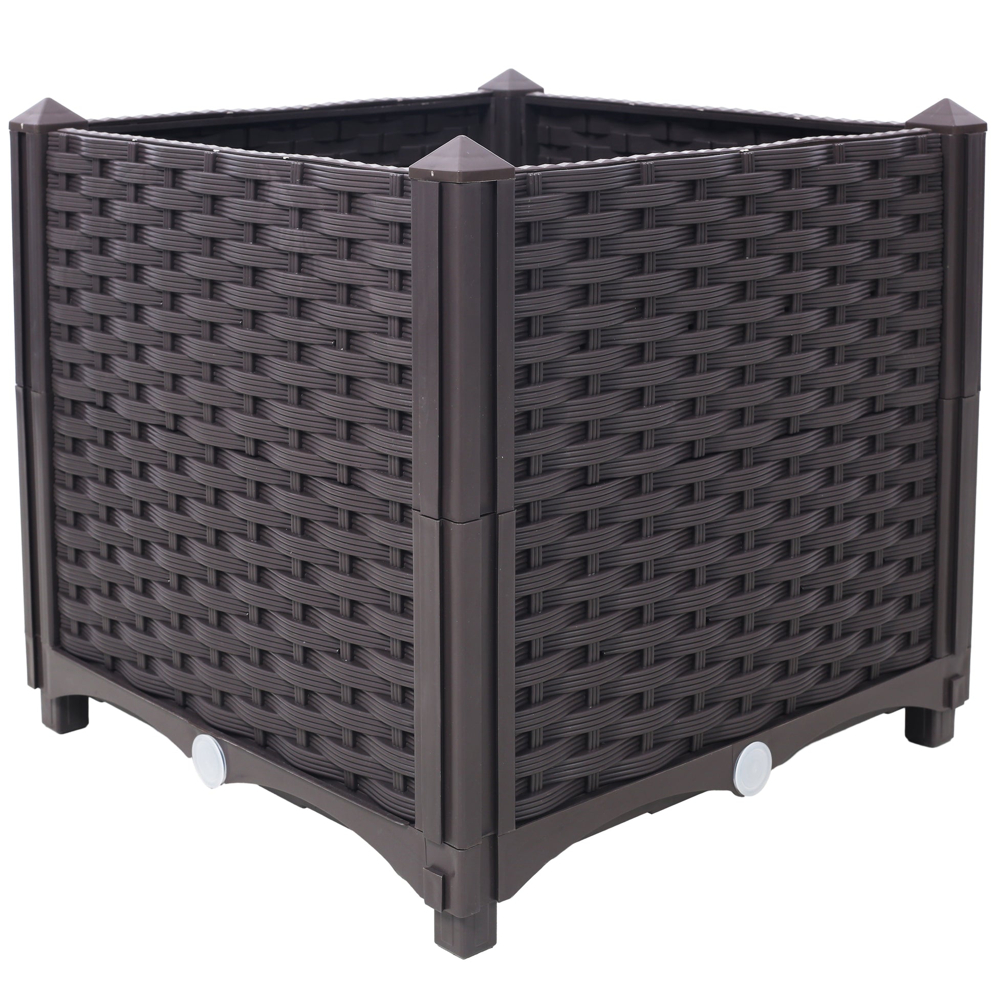 Square dark brown rattan planter with four corner posts and decorative detailing