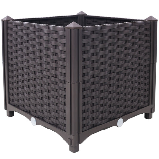 Square dark brown rattan planter with four corner posts and decorative detailing