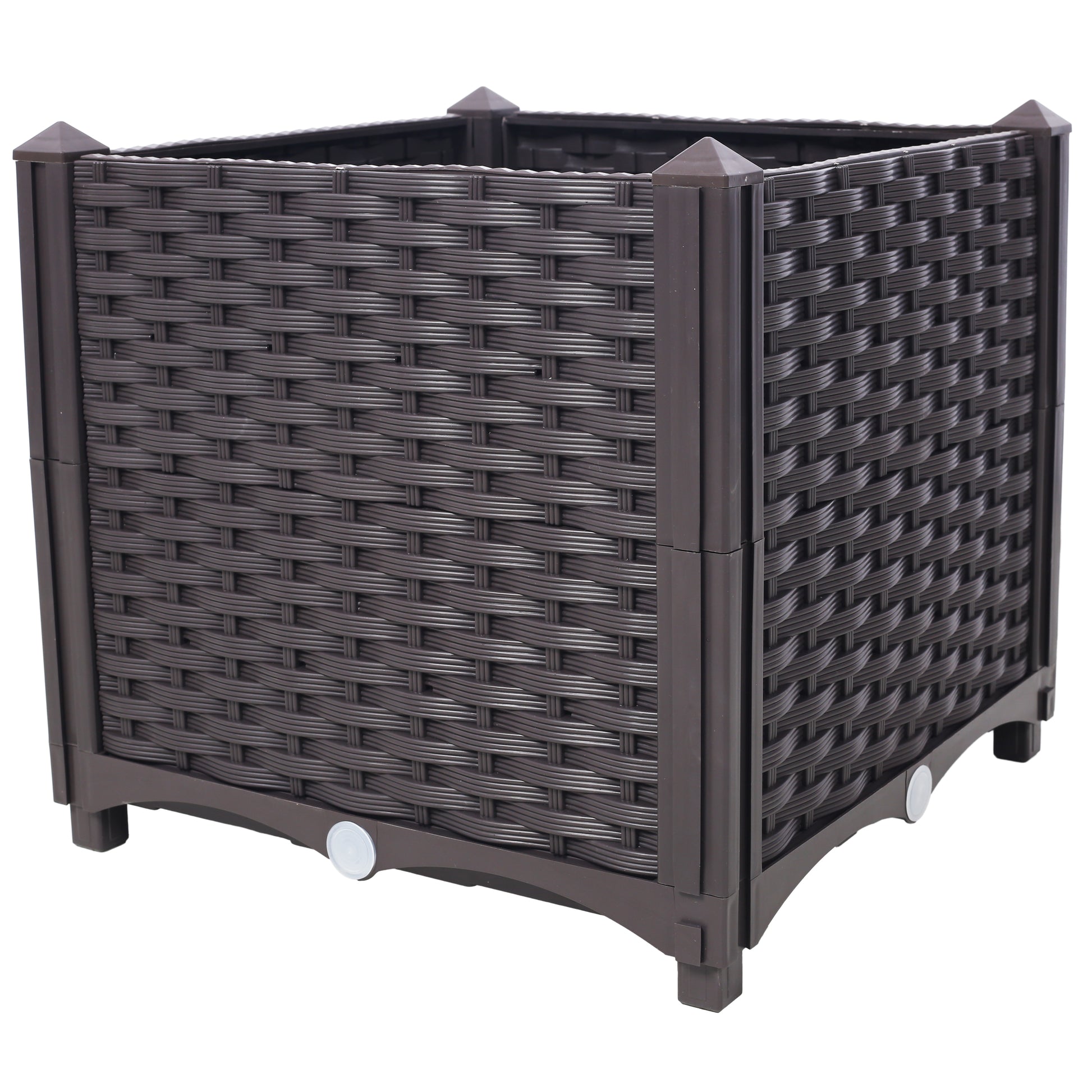 Dark brown square rattanstyle planter with four corner post accents and a textured woven exterior
