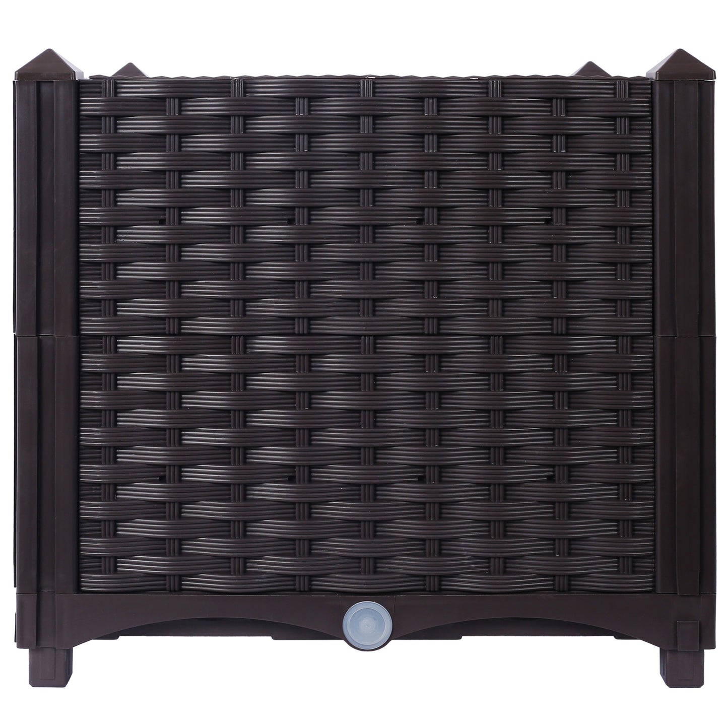 Dark brown rattanstyle resin planter box with a woven texture and integrated drainage plug