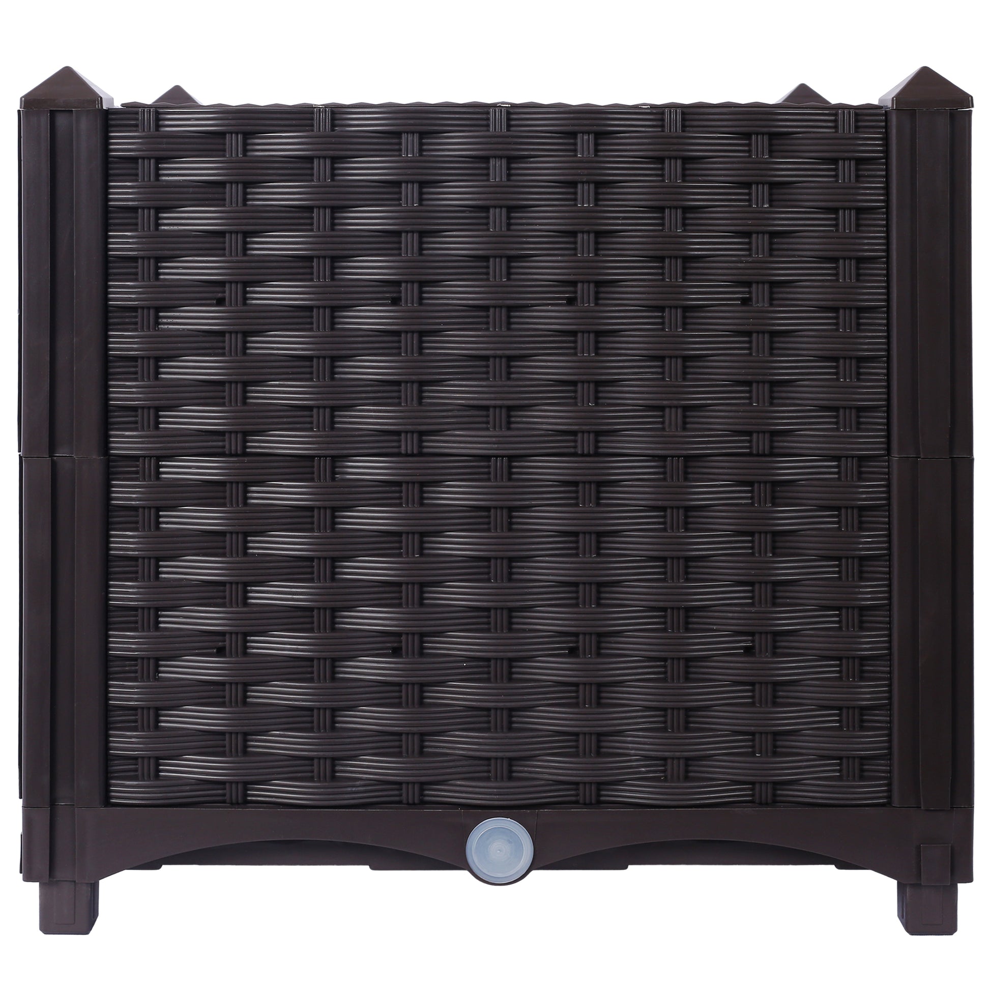 Dark brown rattanstyle resin planter box with a woven texture and integrated drainage plug