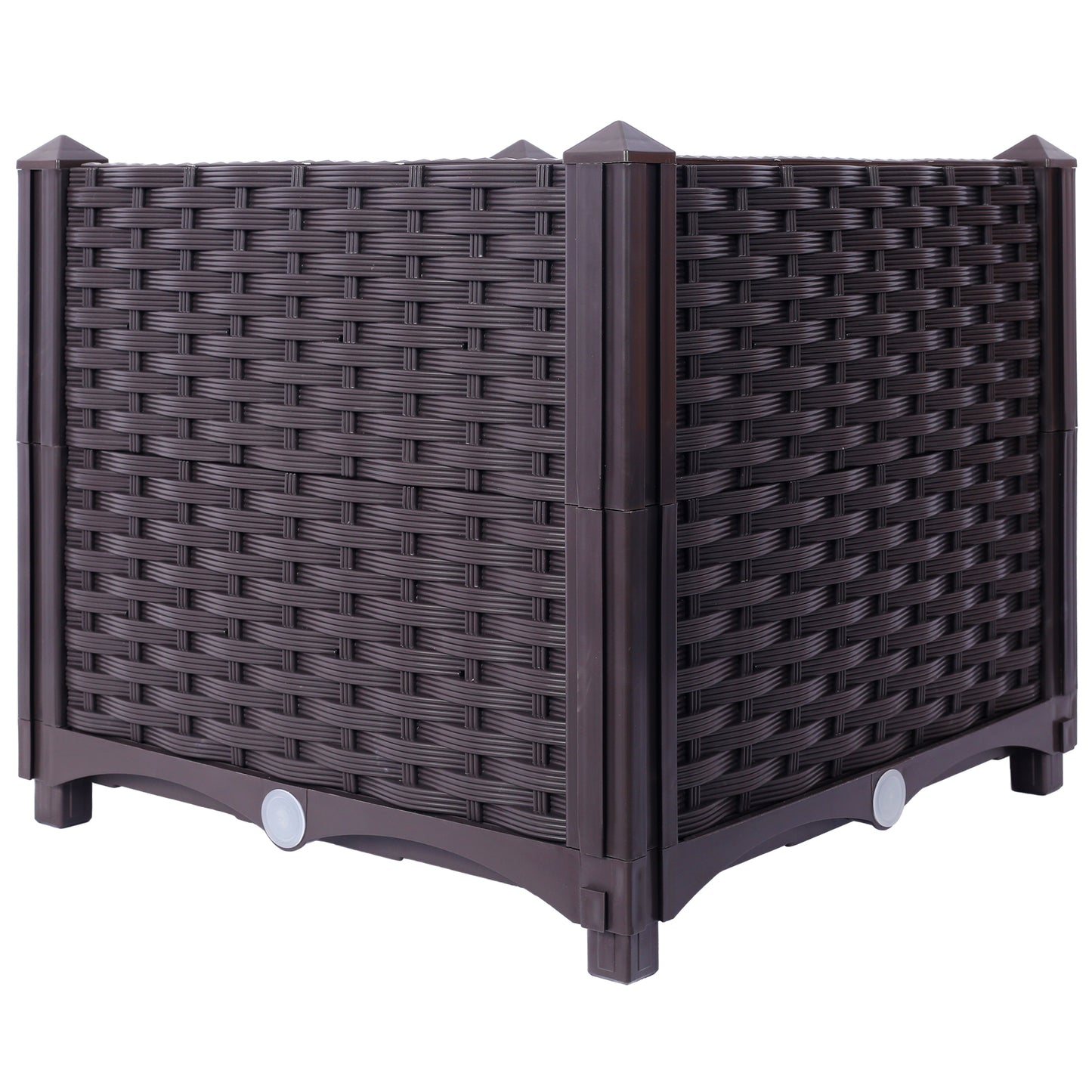 Dark brown resin wicker garden planter with decorative corner posts