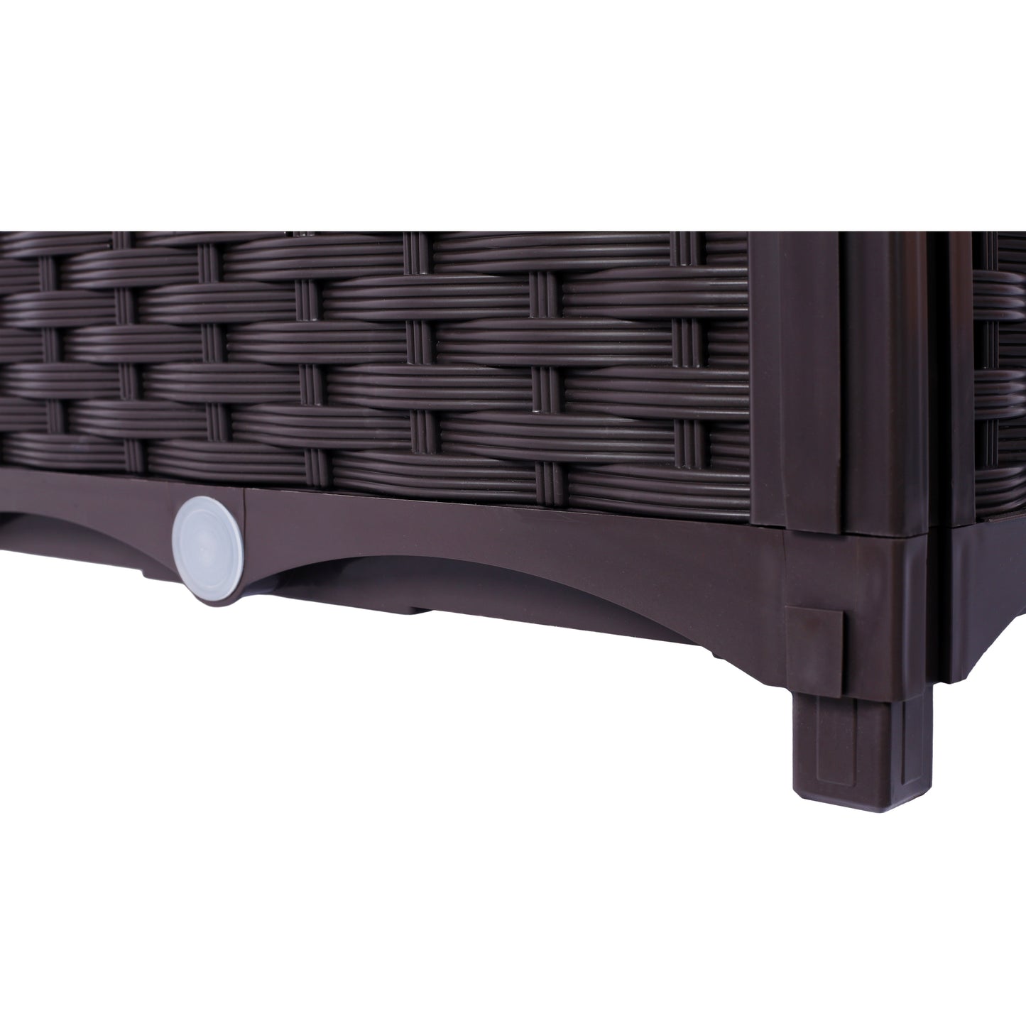 Closeup of a dark brown wicker storage cabinet with braided texture and silver latch
