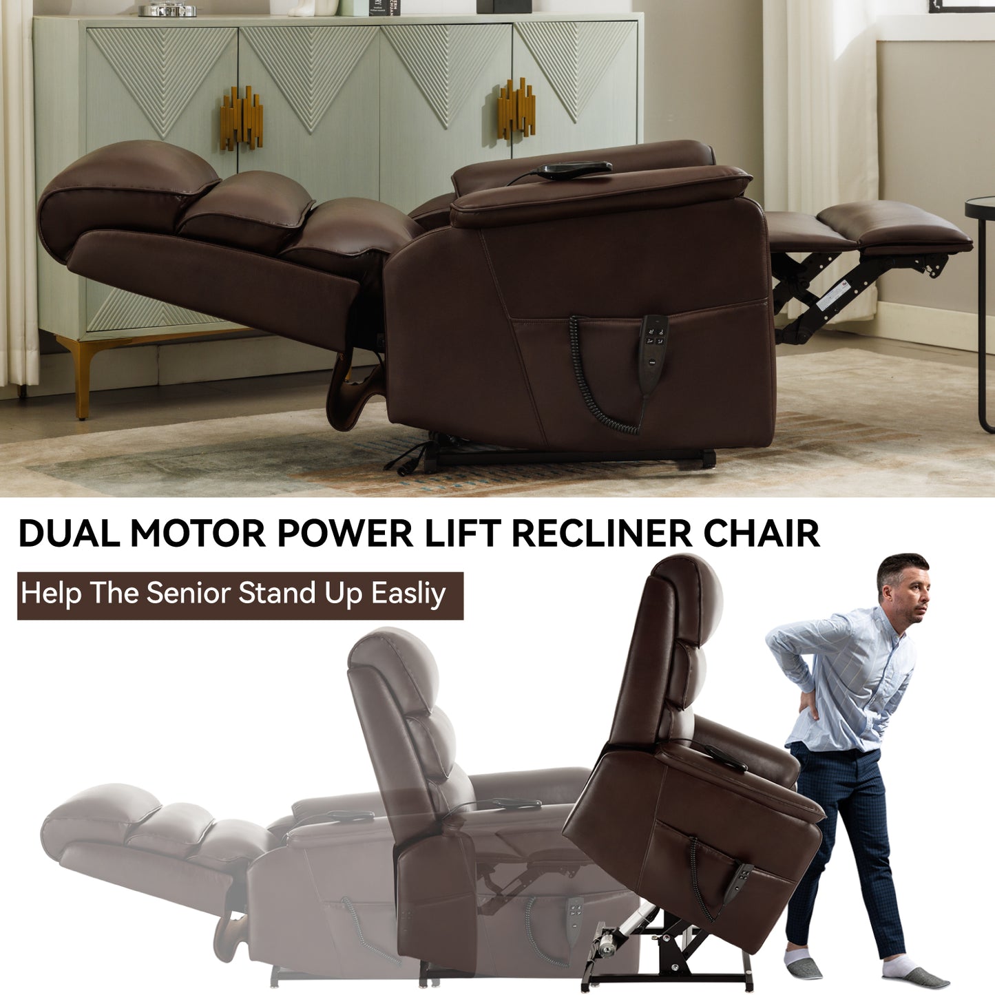 Brown dual motor power lift recliner chair with adjustable footrest and remote