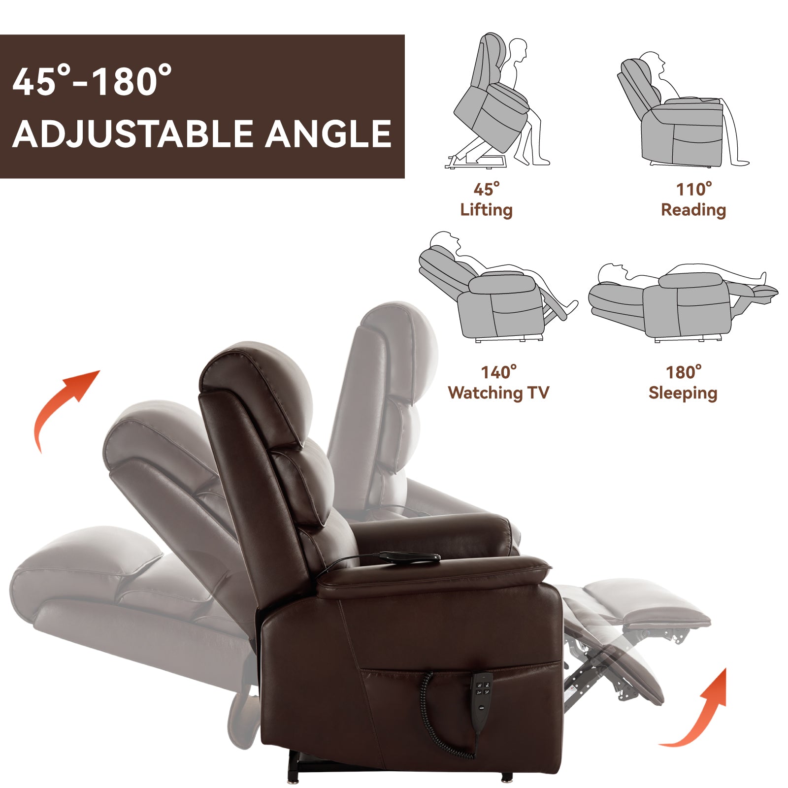 Brown leather power recliner chair with adjustable angles for lifting reading and sleeping