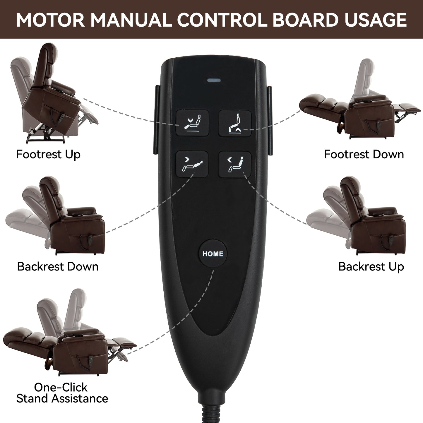 Black recliner remote control with buttons for footrest and backrest adjustment