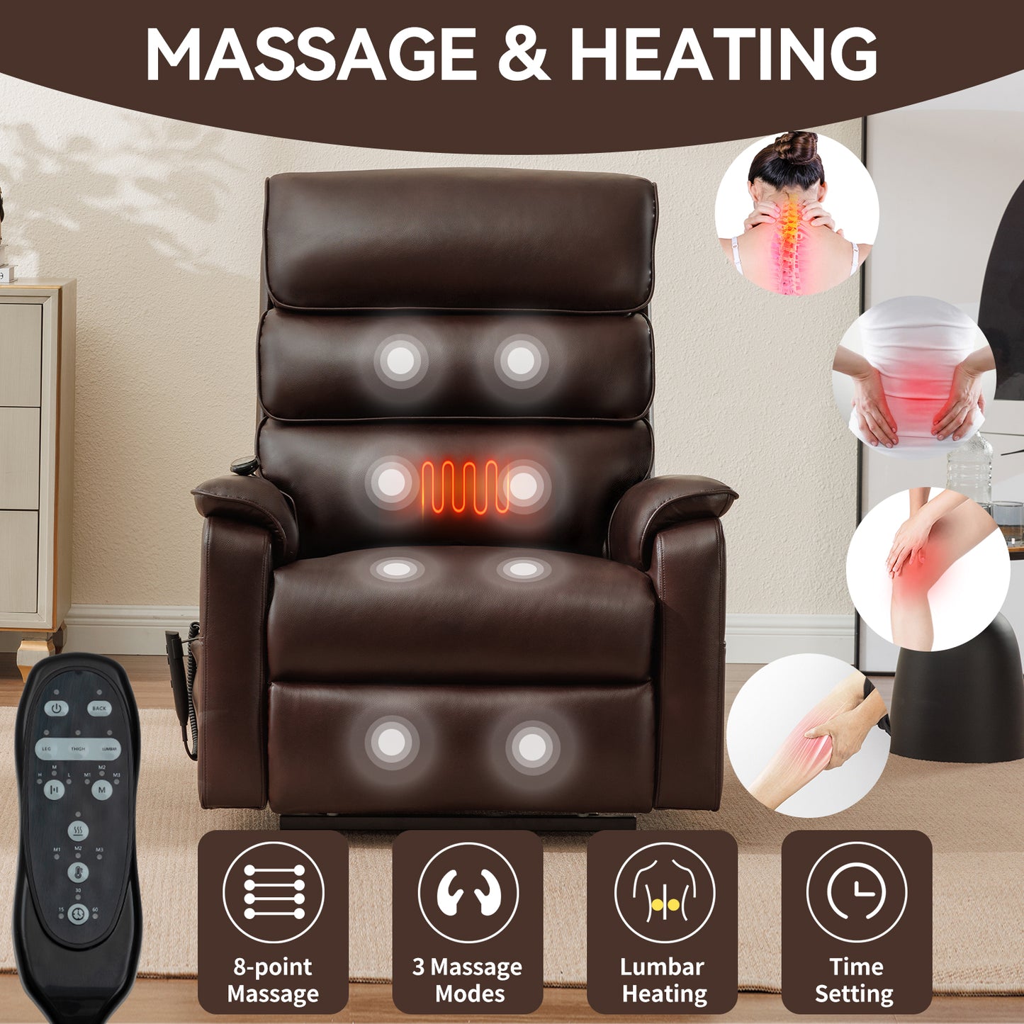 Brown leather recliner with integrated massage and heating functions for ultimate relaxation