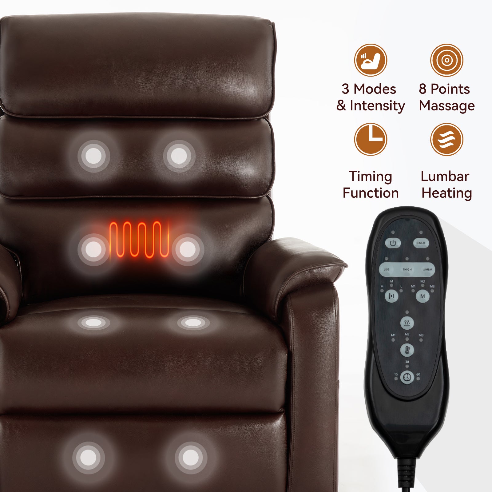 Brown leather massage chair with glowing heating element in back and remote control
