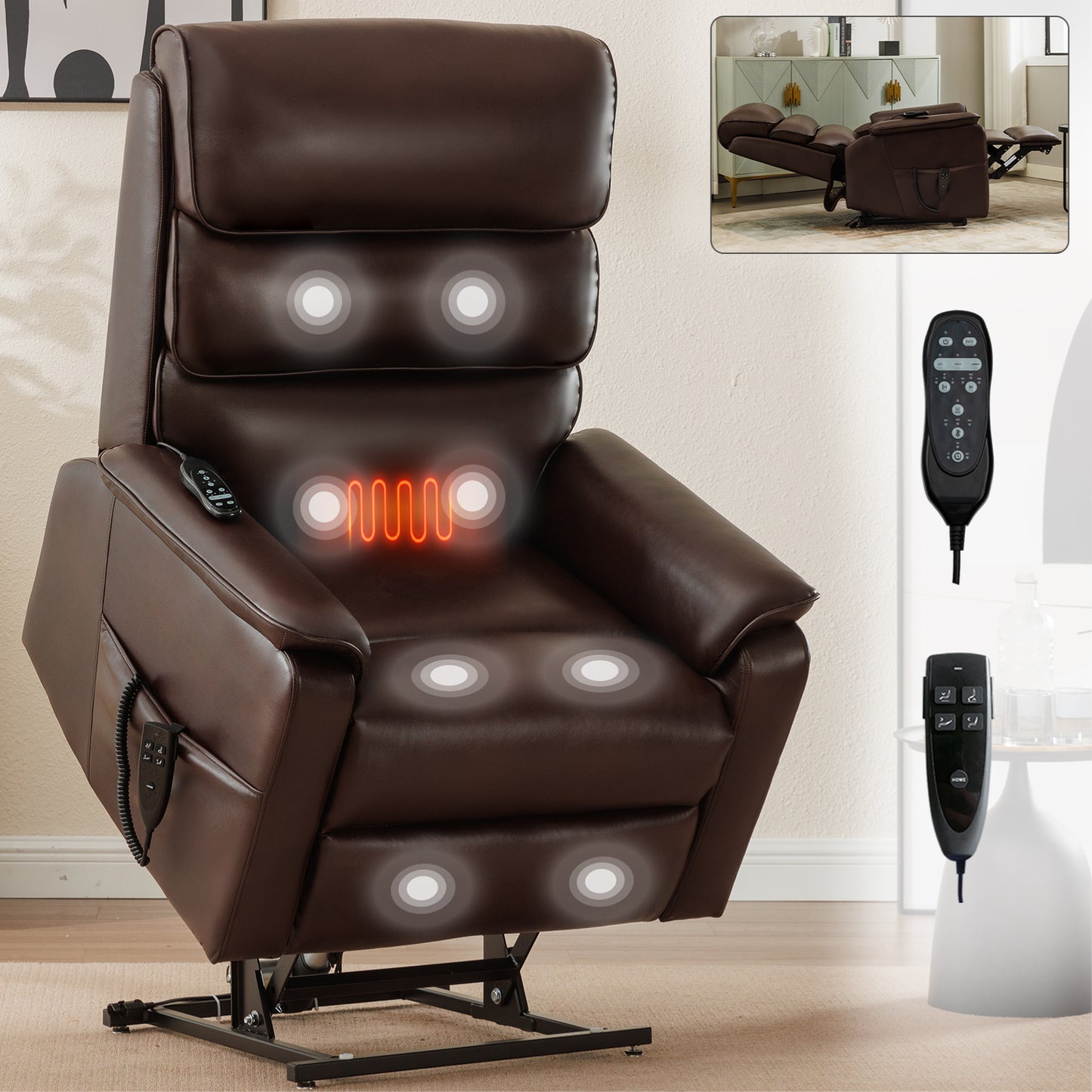 Brown leather lift recliner chair with massage and heat functions