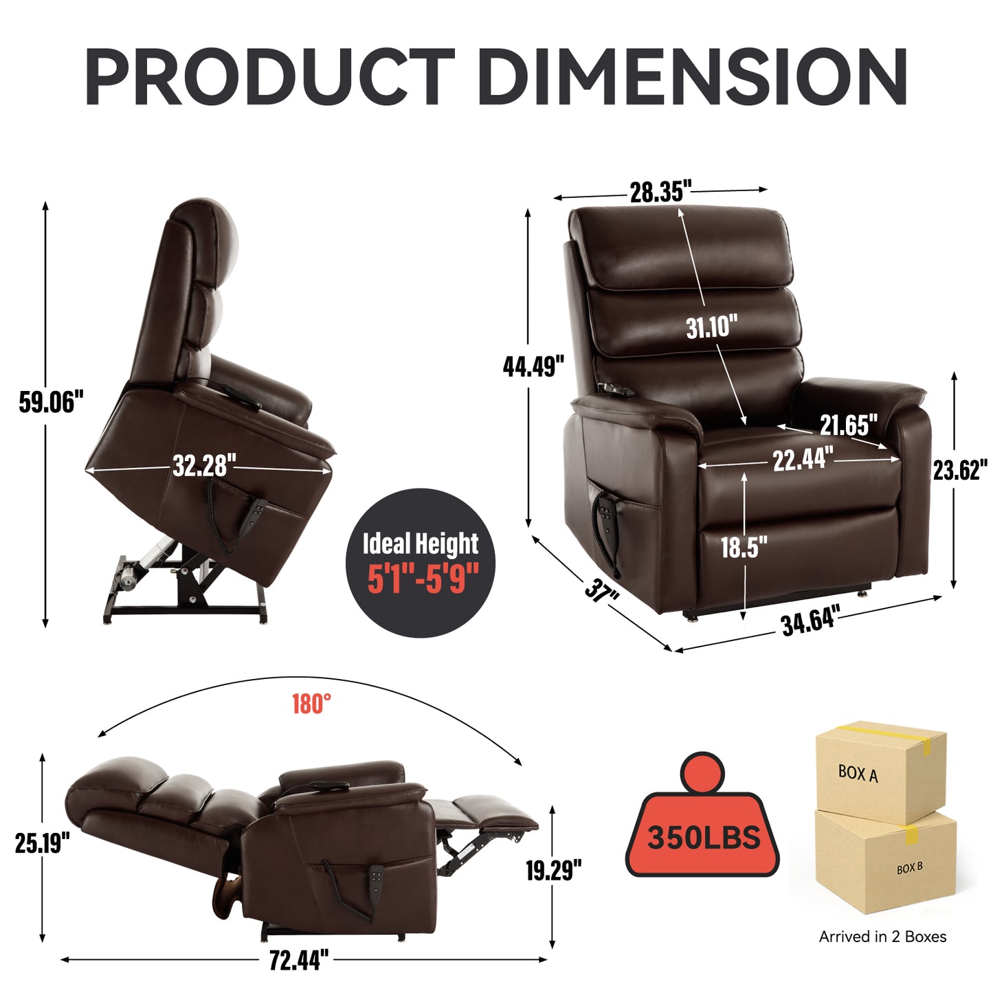 Brown leather lift chair showing dimensions and full recline of