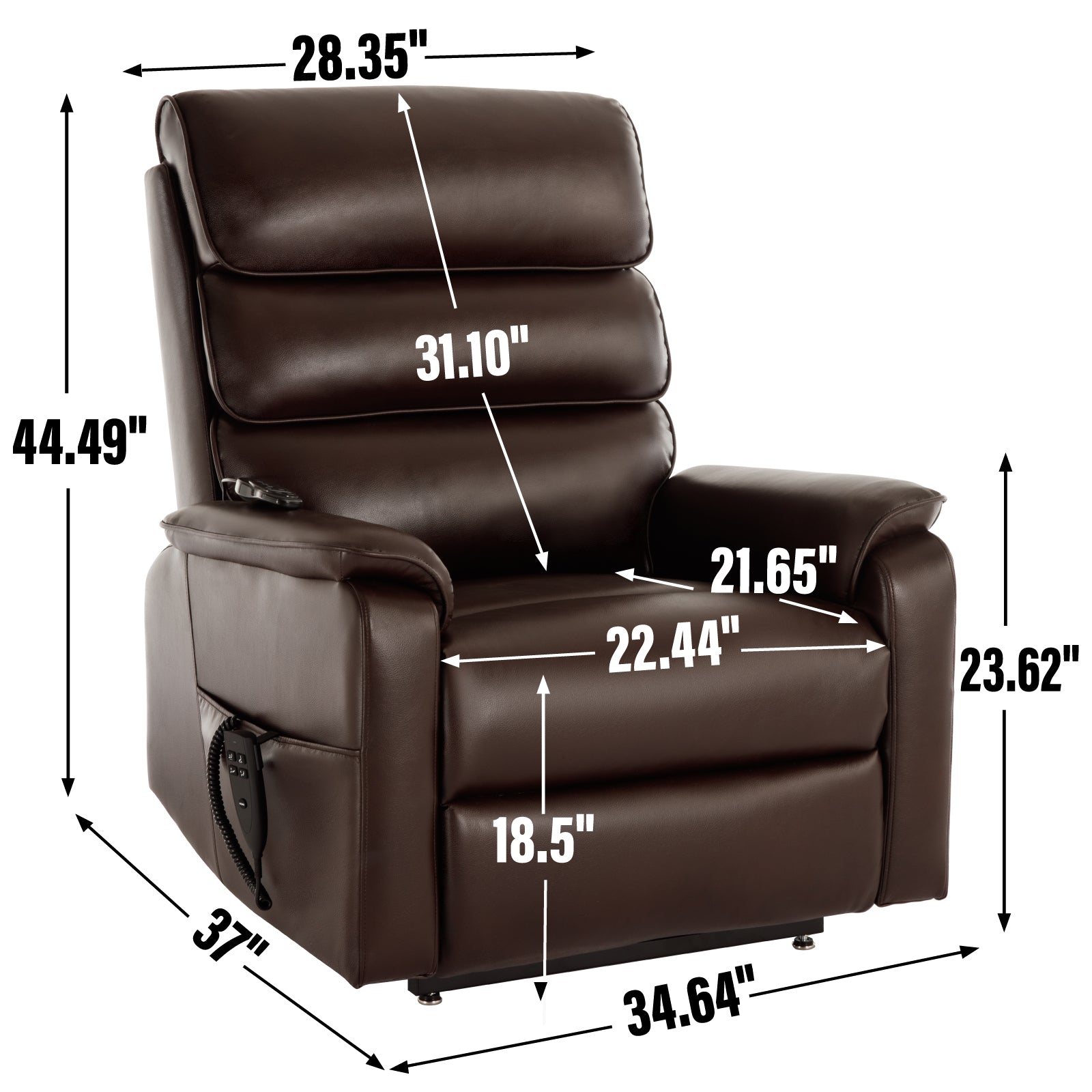 Brown leather power lift recliner chair with padded headrest and armrests
