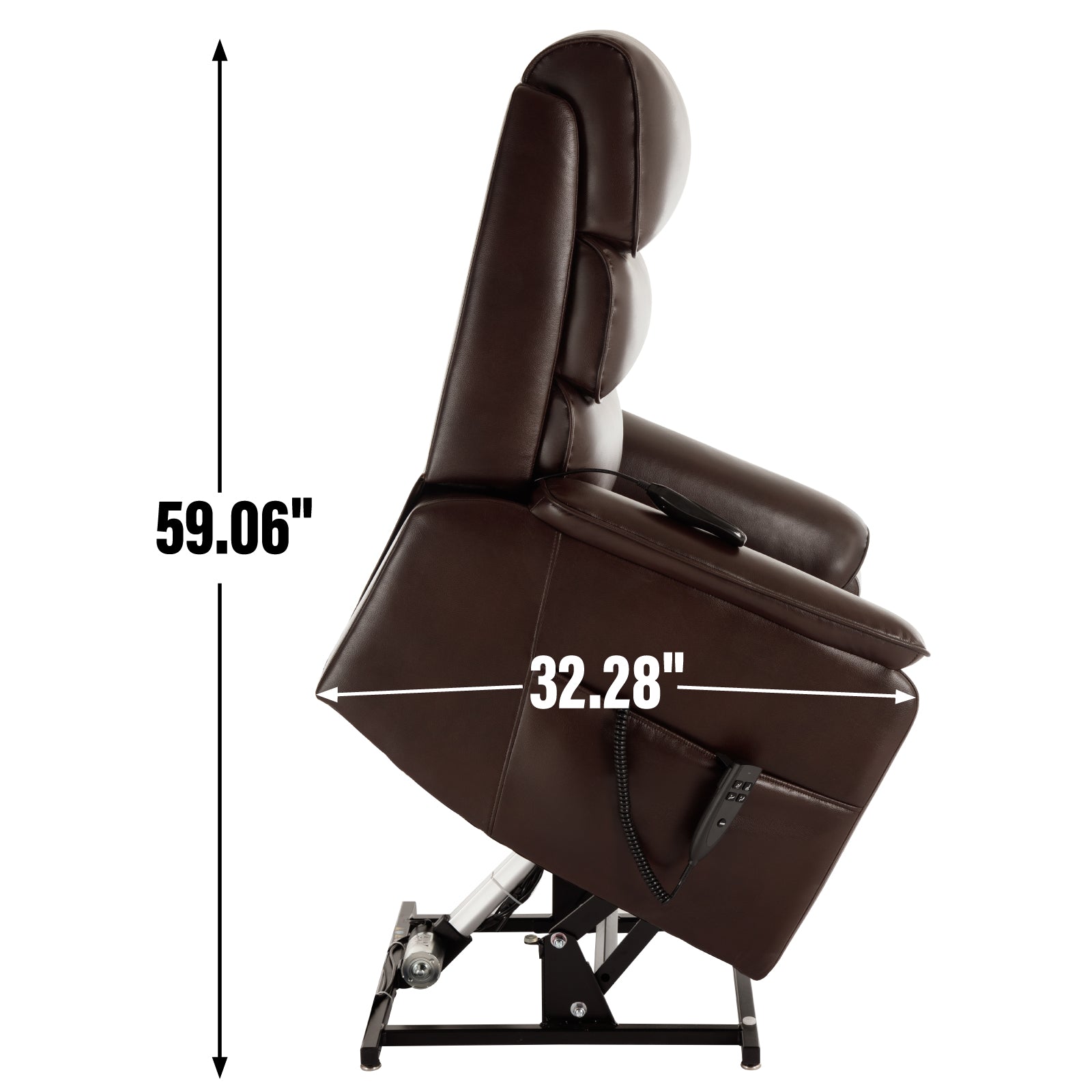 Brown leather lift chair with plush headrest and armrests