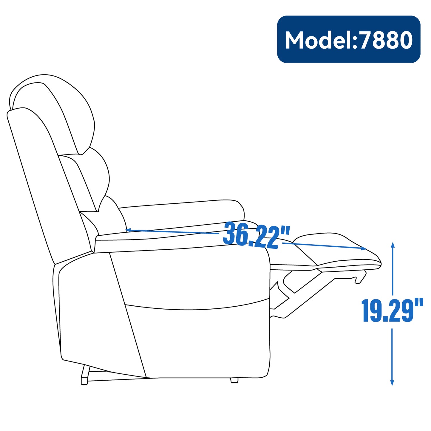 Line drawing of a plush recliner chair with ottoman extended showing dimensions  width and  height