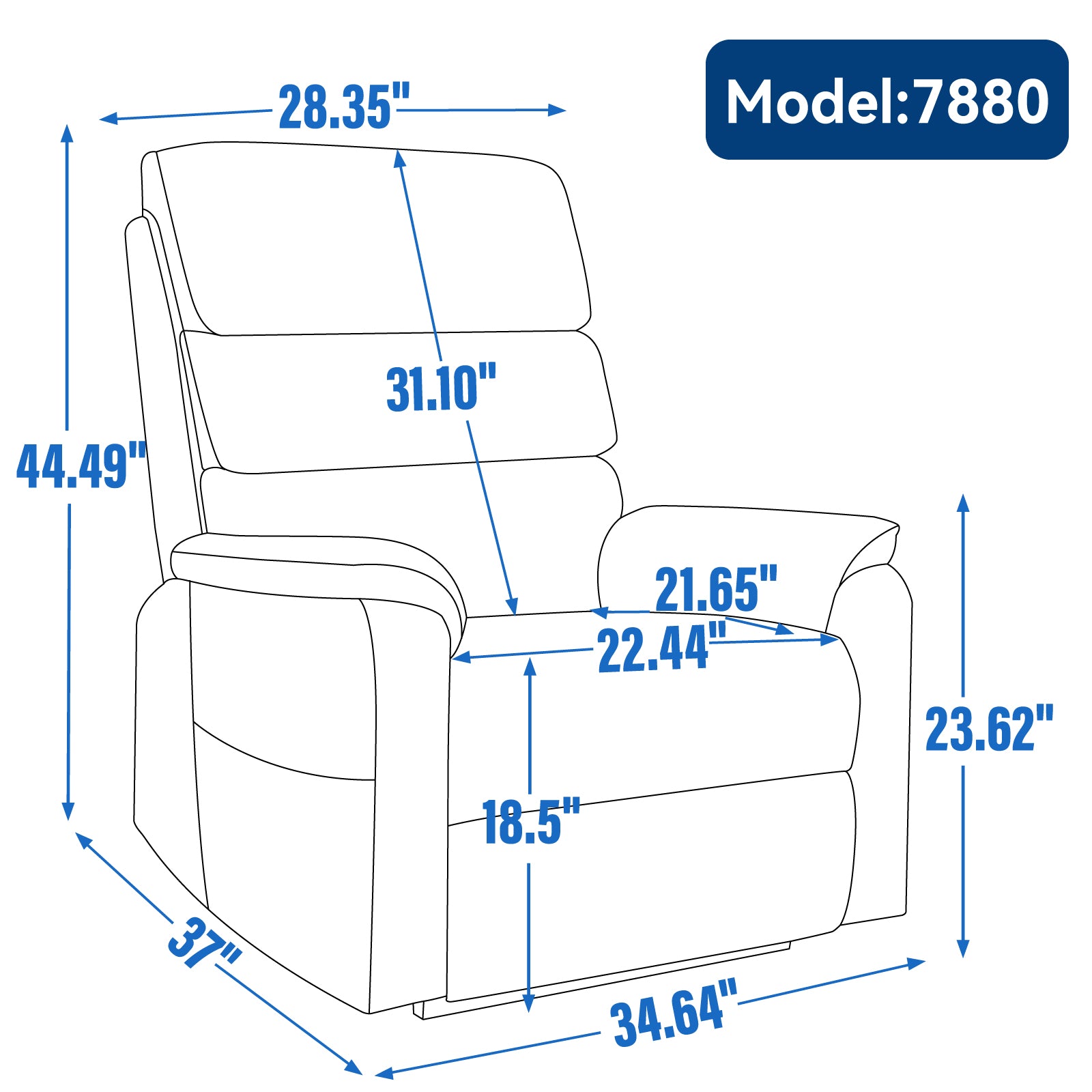 Recliner chair diagram with dimensions  H x  W x  D seat height