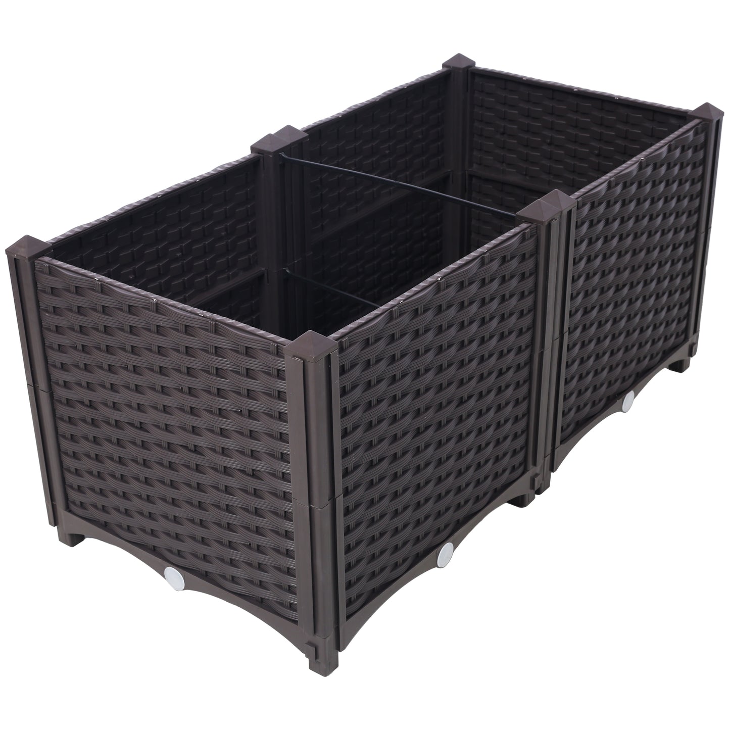 Dark brown woven planter box with three compartments for plants