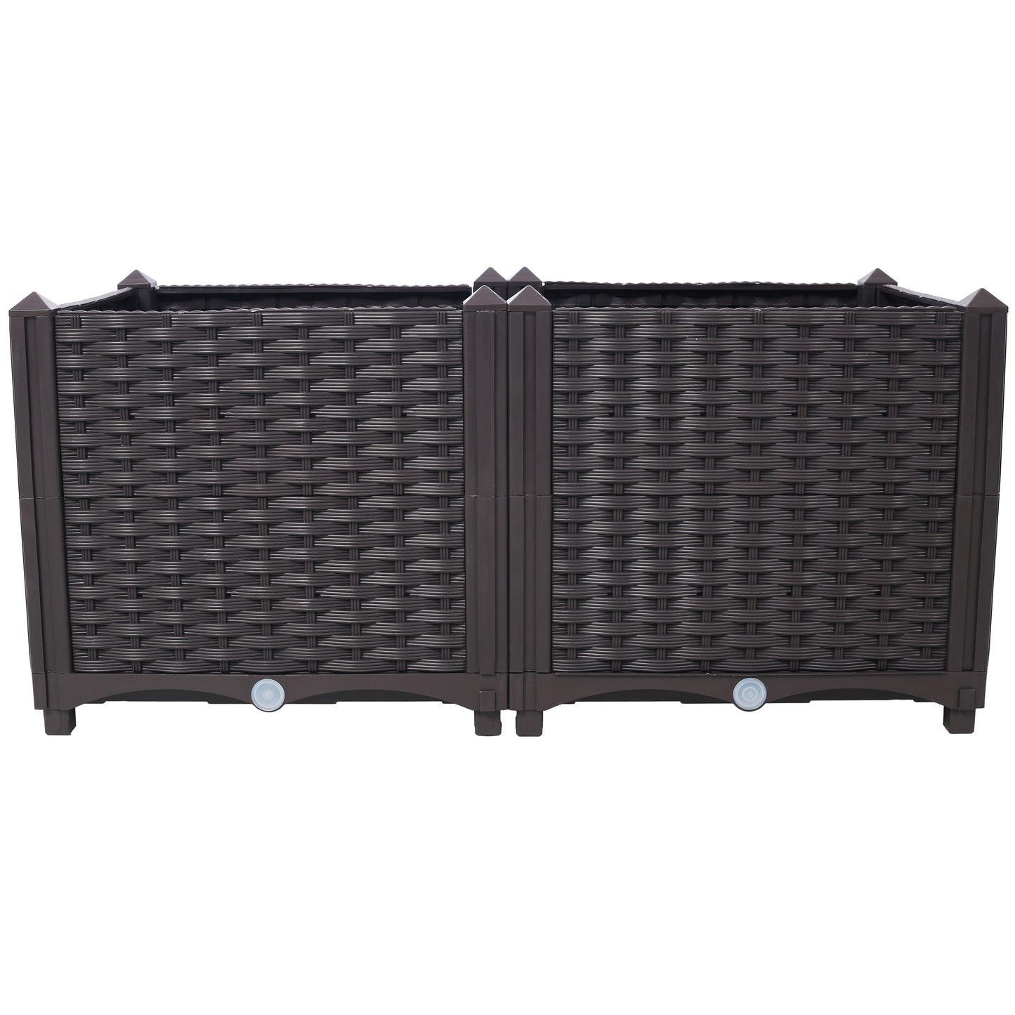 Dark brown woven resin planter with decorative corner caps ideal for patios