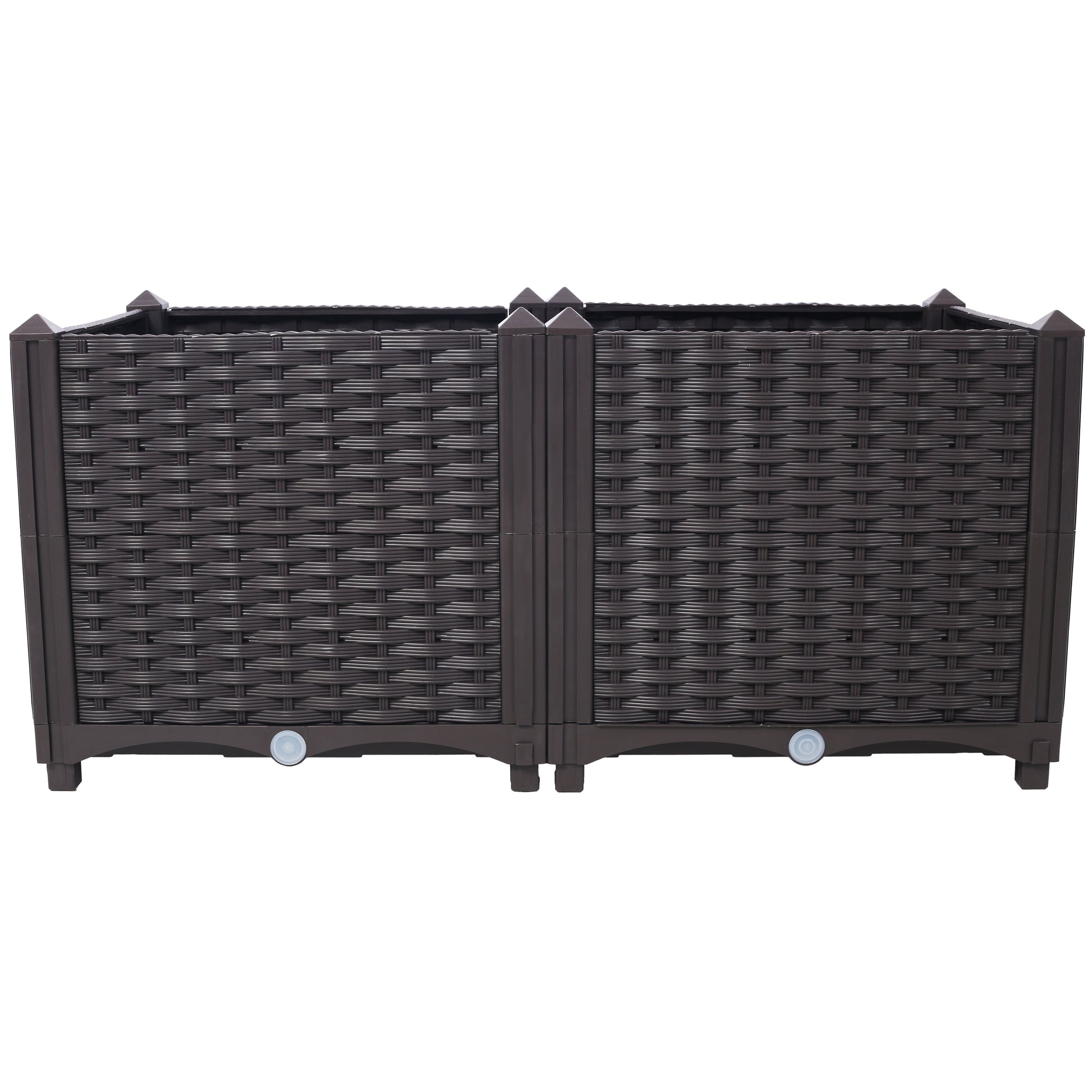 Dark brown woven resin planter with decorative corner caps ideal for patios