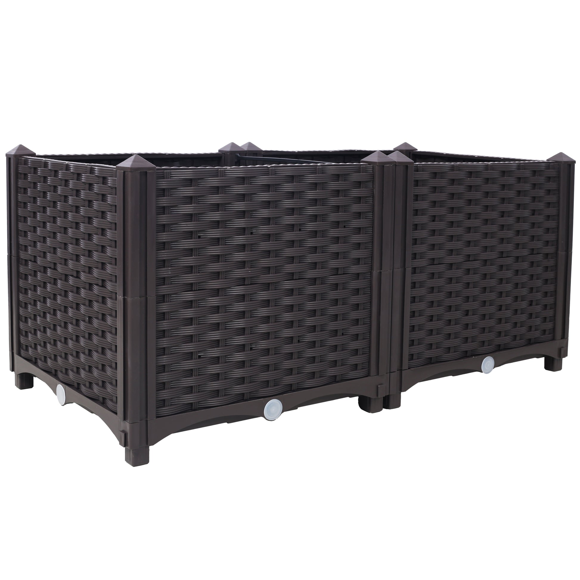 Dark brown resin raised garden bed with woven texture  legs and decorative corner caps