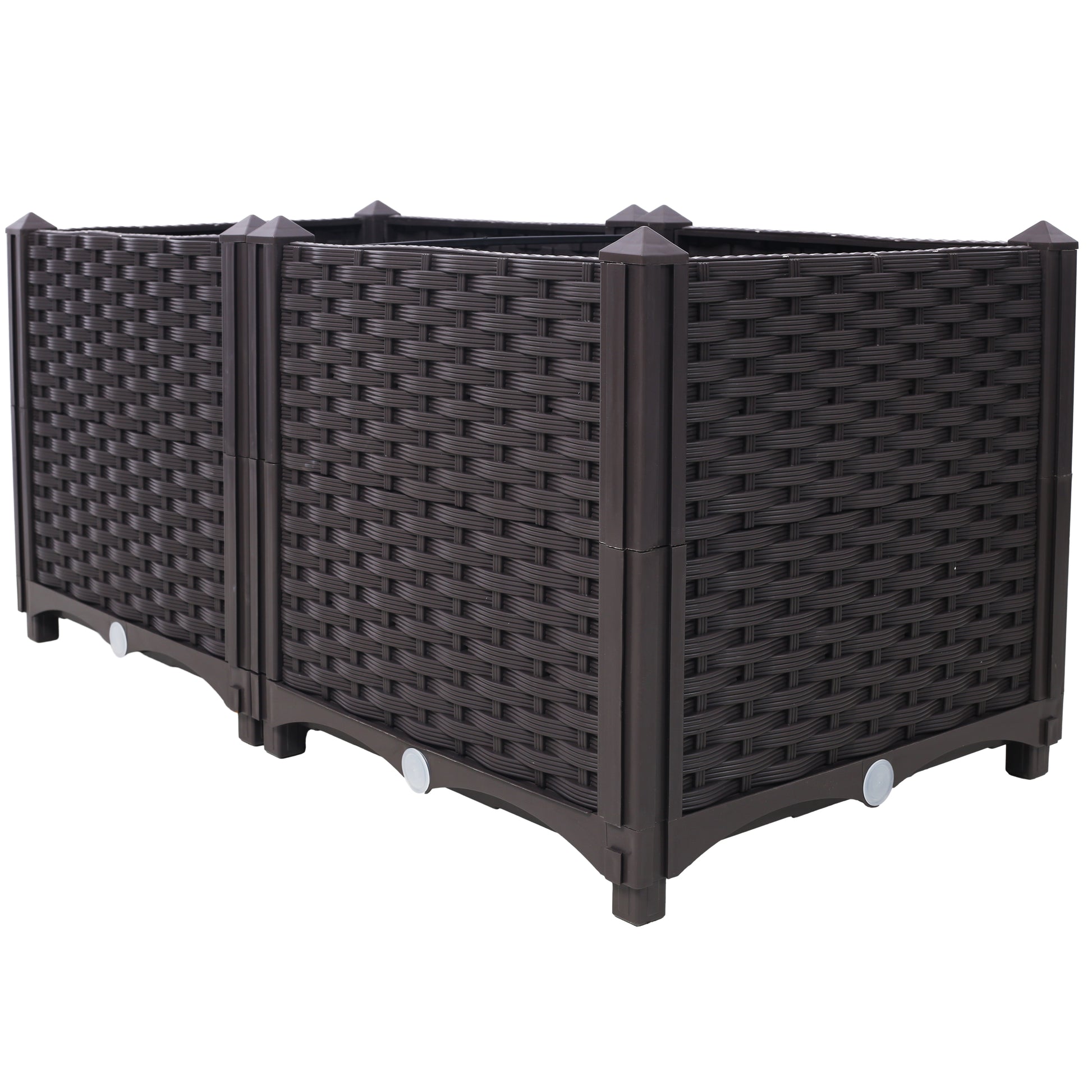Dark brown rattan raised garden bed with a woven texture and decorative corner caps