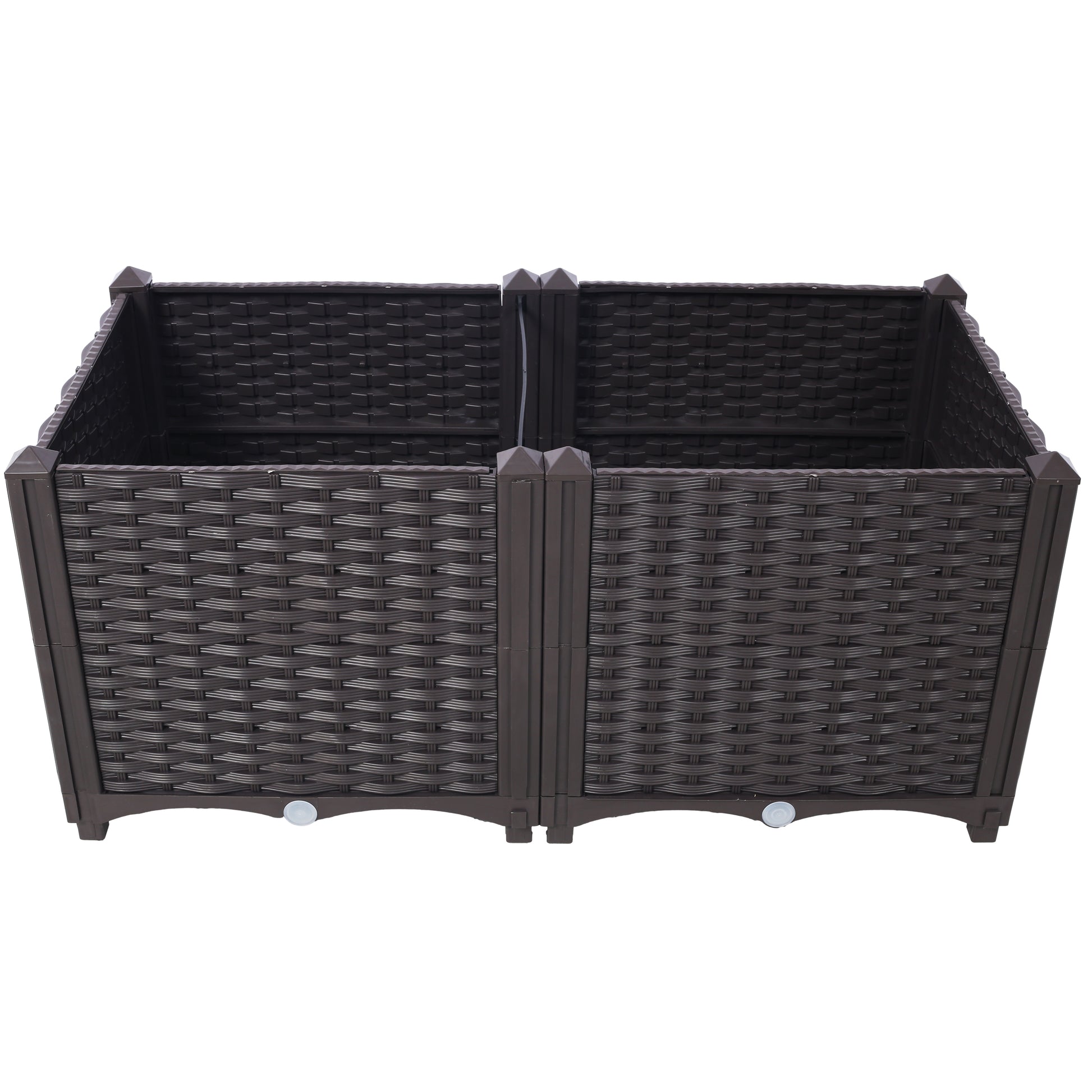 Dark brown modular raised garden bed with woven texture and wheels