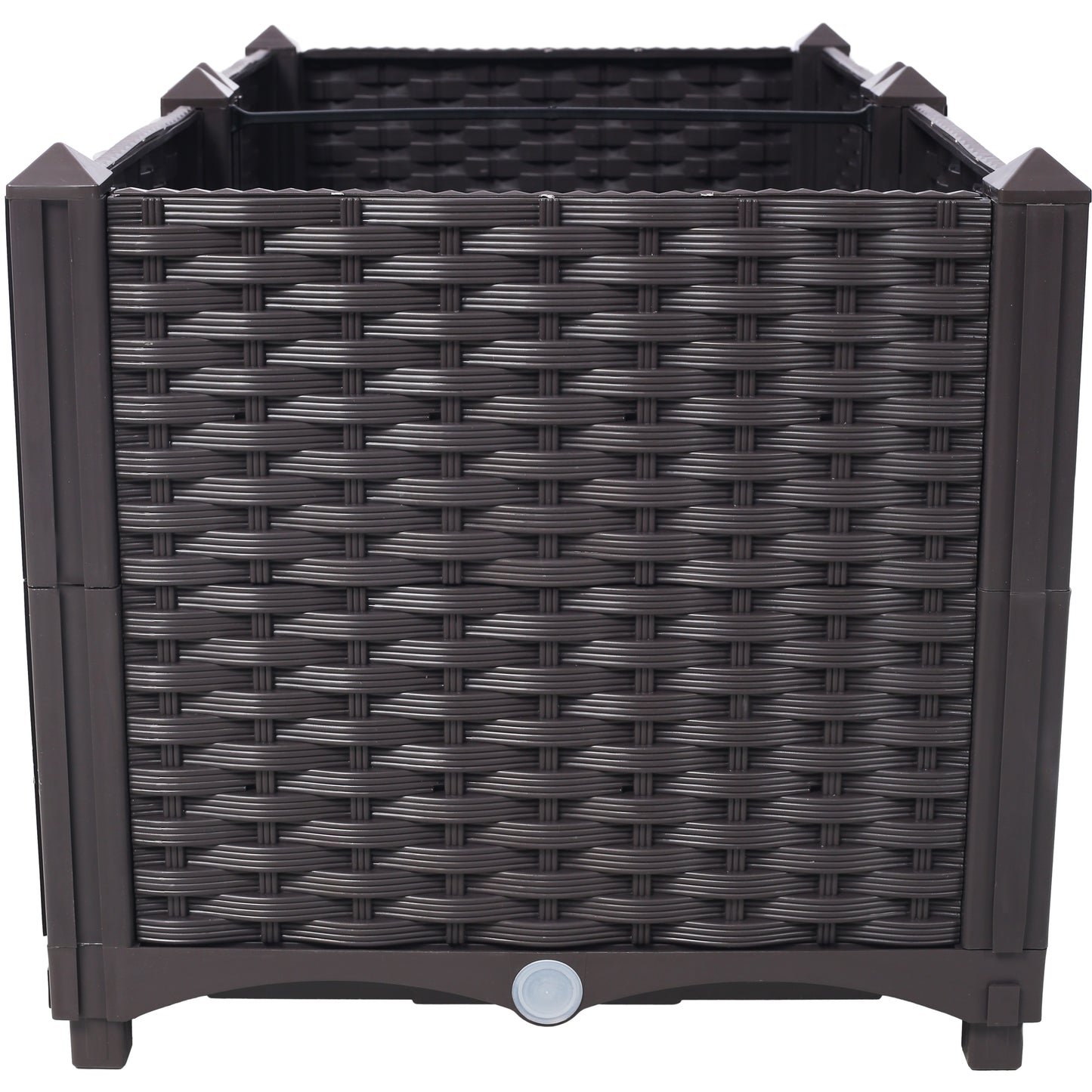 Dark brown woven plastic planter box with drainage plug and decorative corner caps