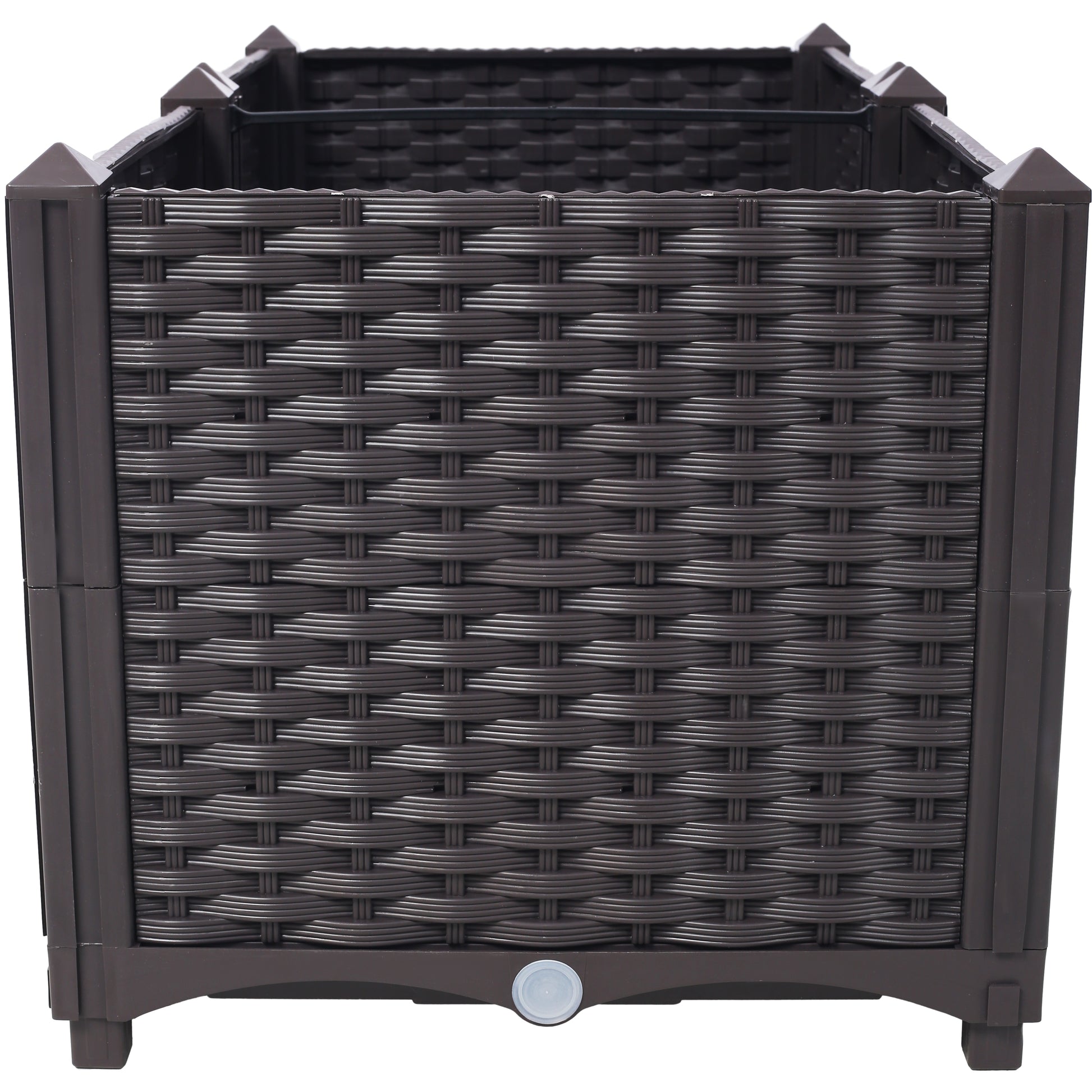 Dark brown woven plastic planter box with drainage plug and decorative corner caps