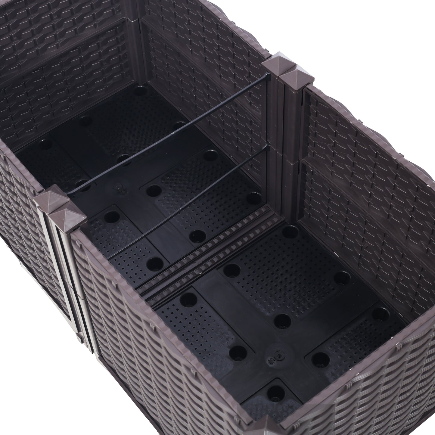 Brown wickerlook plastic planter with divided sections and drainage holes