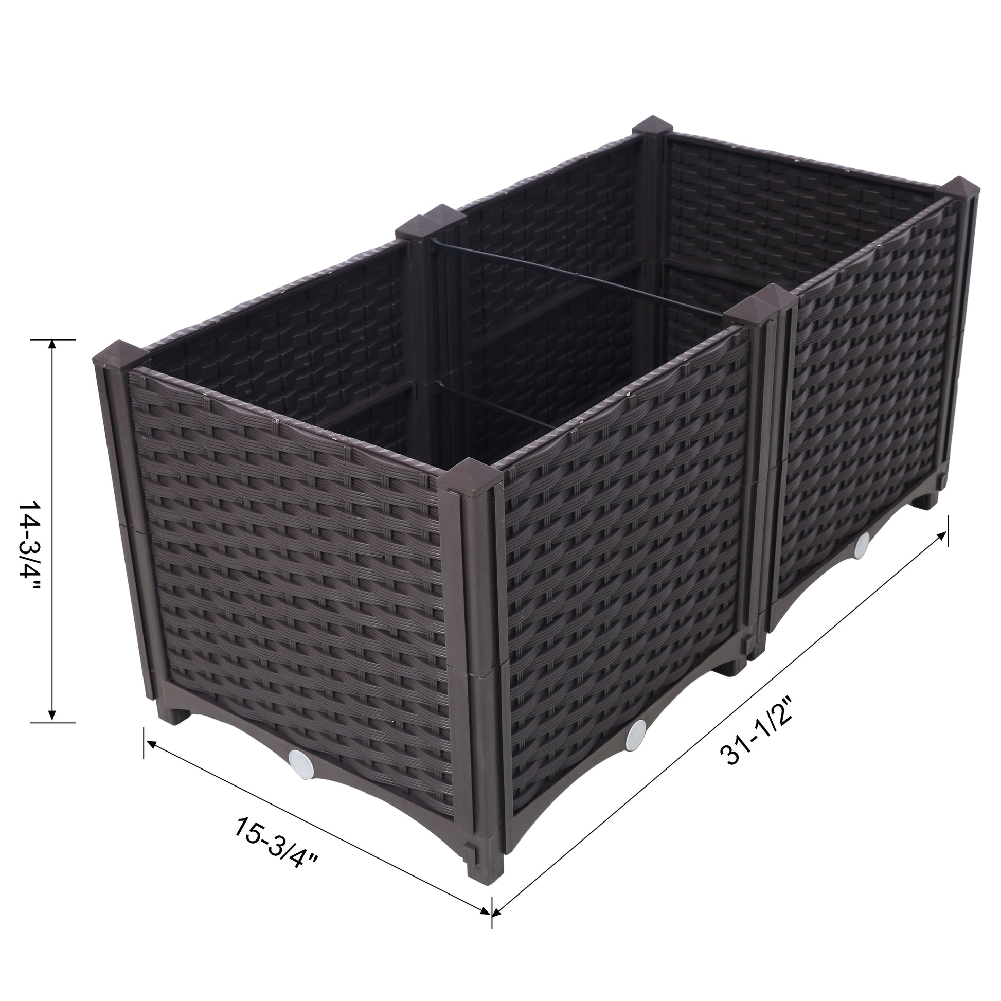 Dark brown woven resin planter box with three compartments and dimensions  L x  W x  H